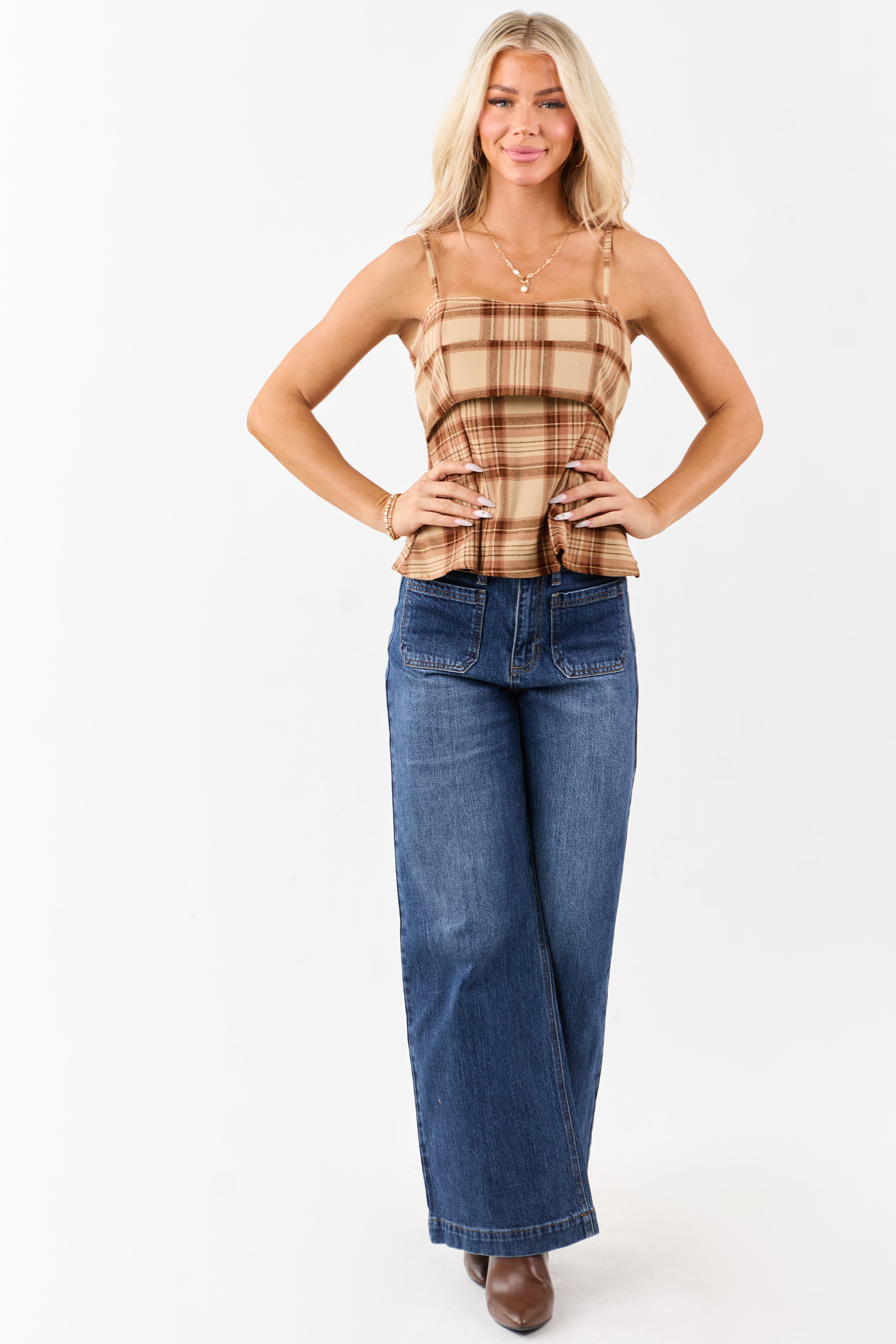 Camel Plaid Flair Waist Bust Overlay Tank Top