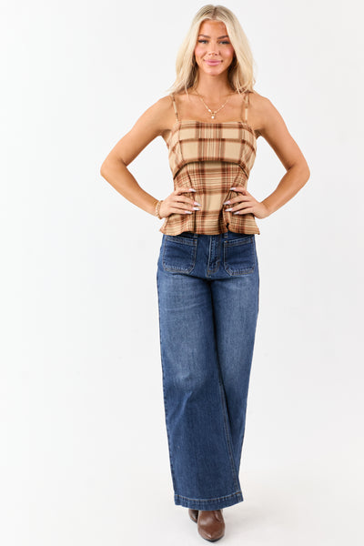 Camel Plaid Flair Waist Bust Overlay Tank Top