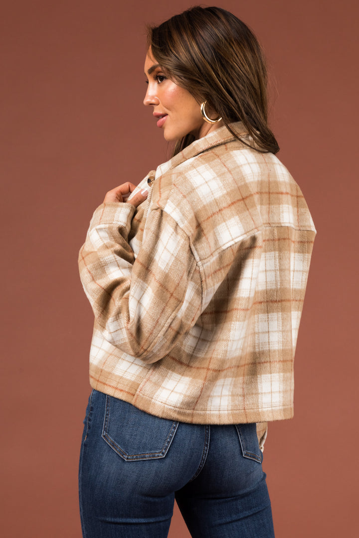 Camel Plaid Soft Fleece Cropped Shirt Jacket