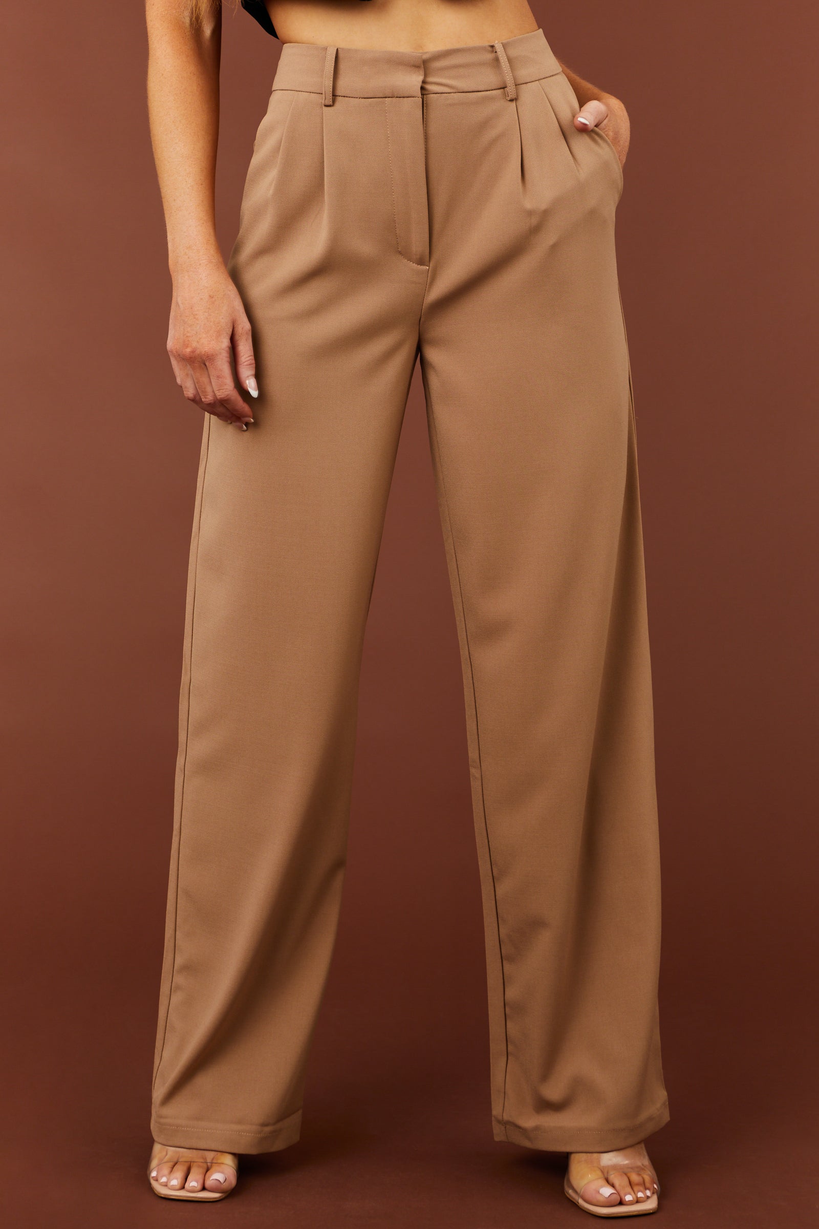 Camel Pleated Wide Leg Twill Pants | Lime Lush