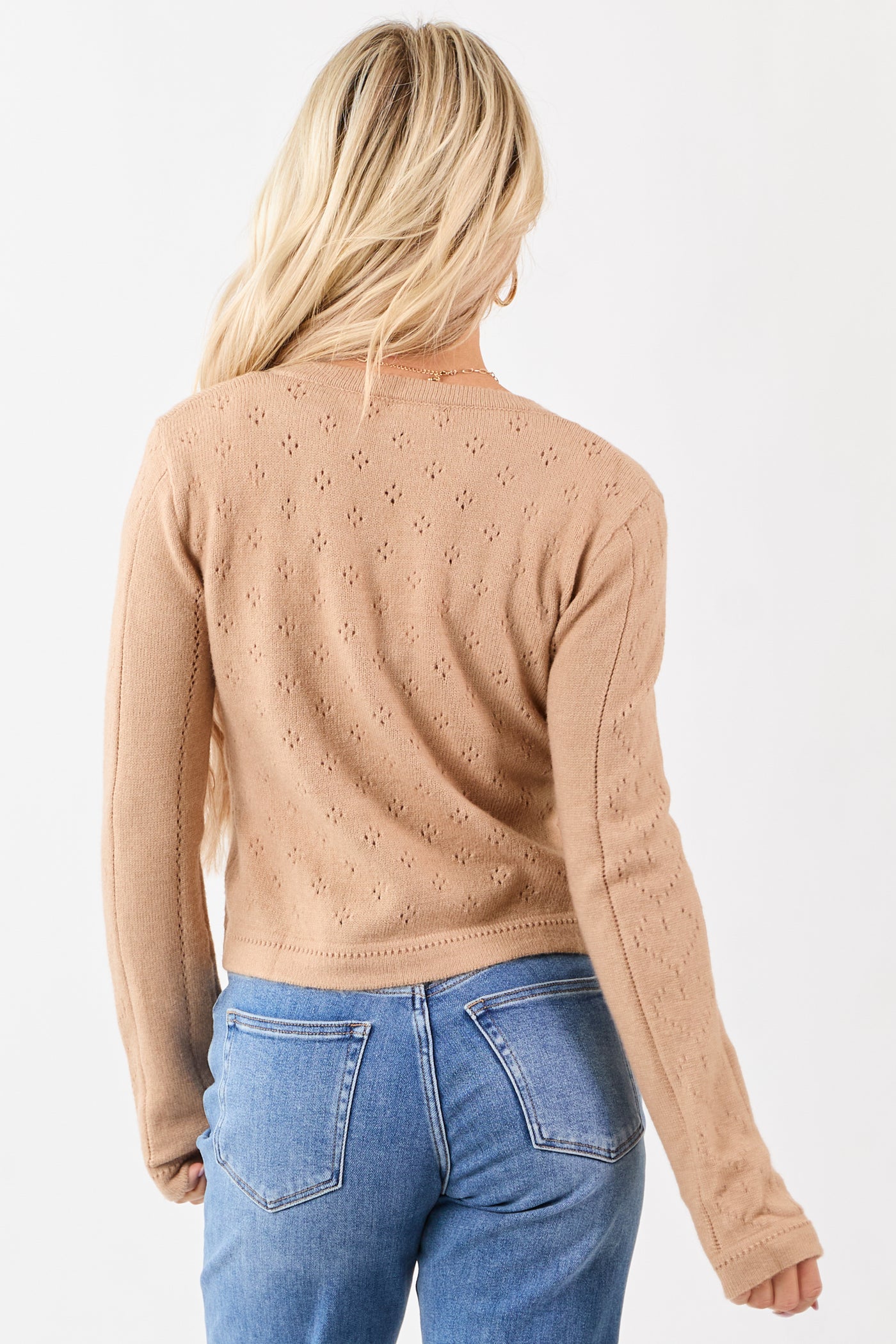 Camel Pointelle Button Down Long Sleeve Cardigan