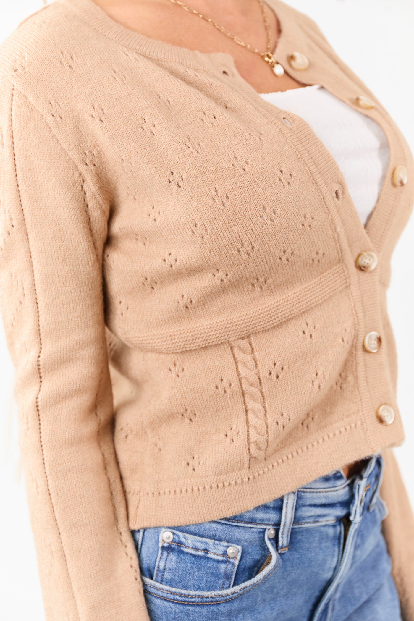 Camel Pointelle Button Down Long Sleeve Cardigan