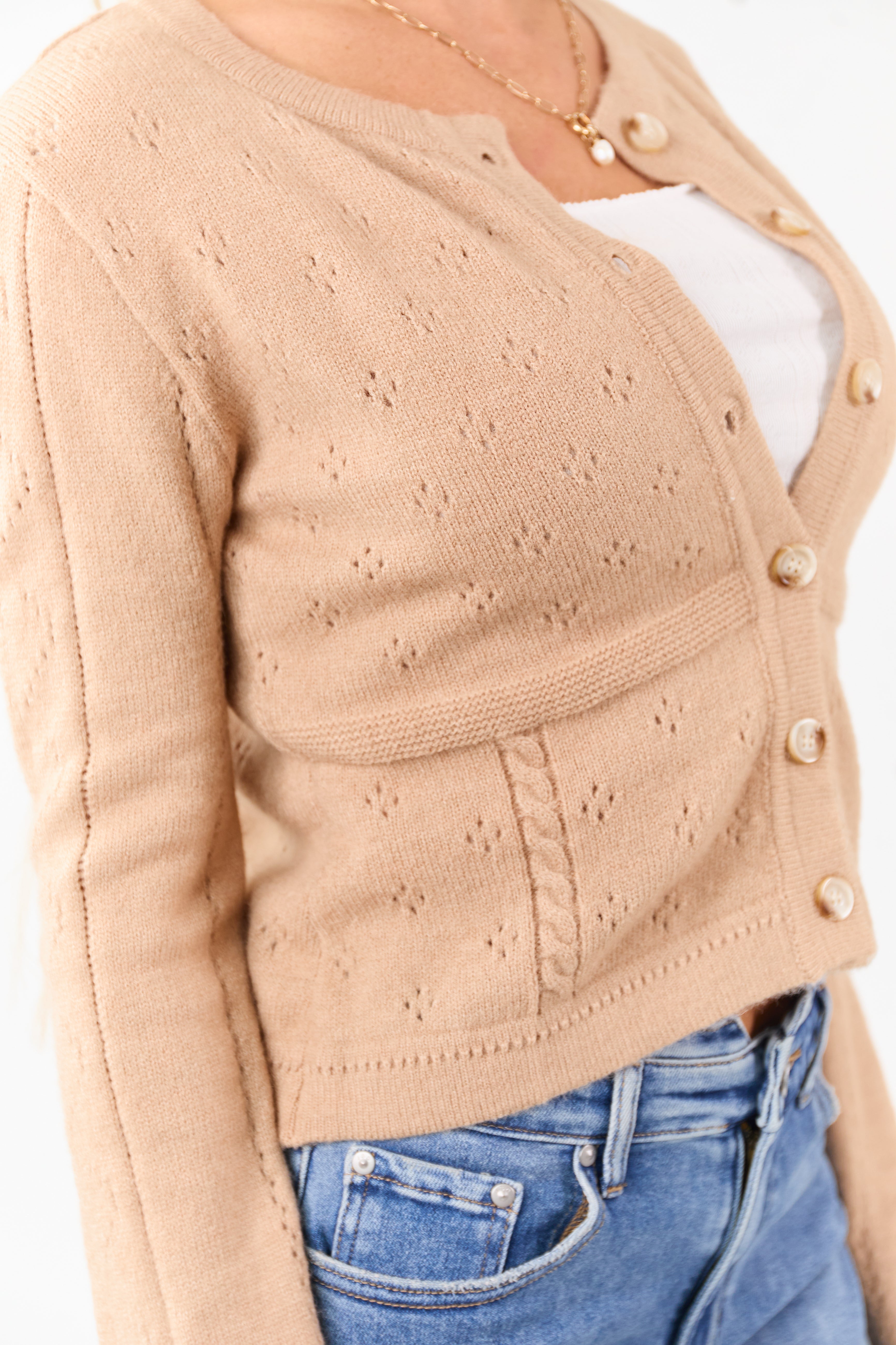 Camel Pointelle Button Down Long Sleeve Cardigan