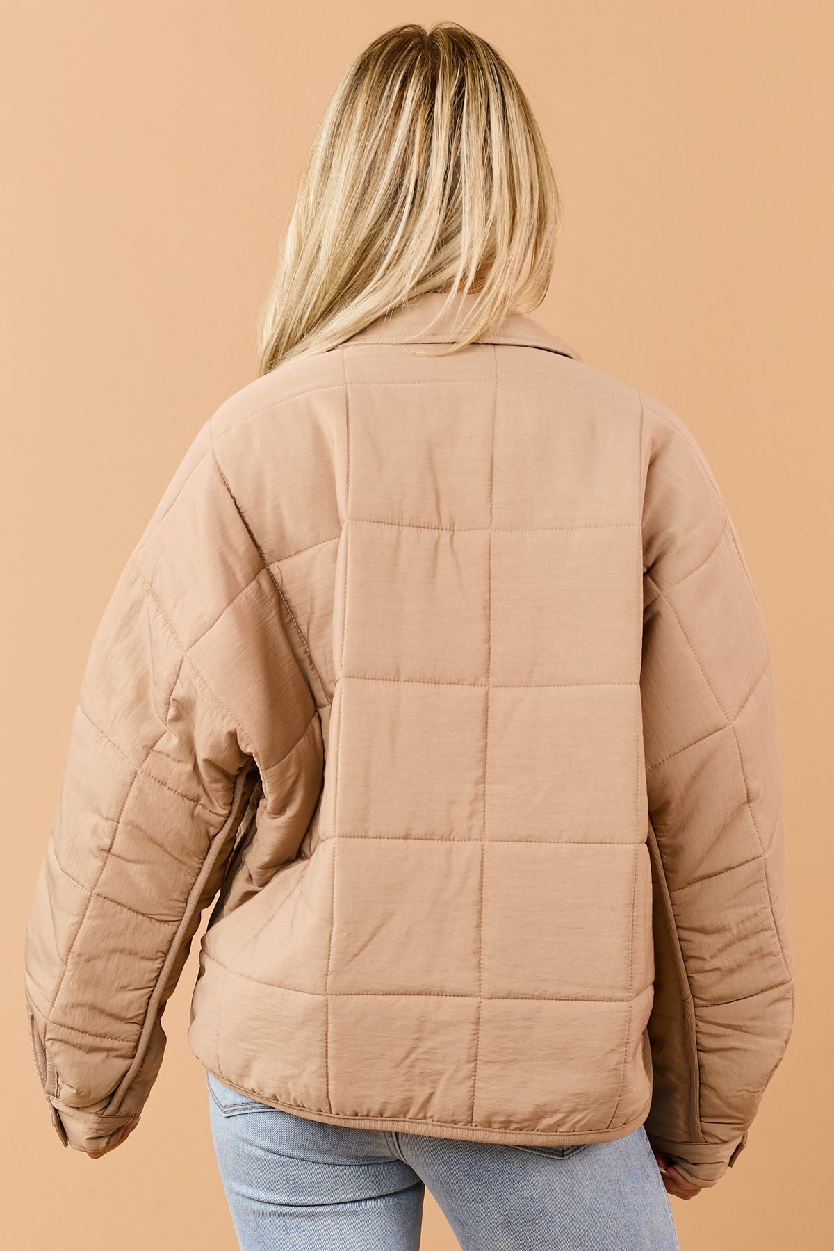 Camel Quilted Zip Up Mock Neck Puffer Jacket