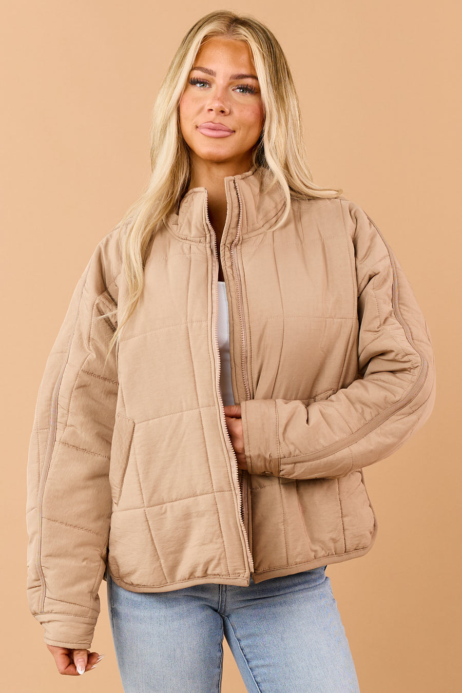 Camel Quilted Zip Up Mock Neck Puffer Jacket