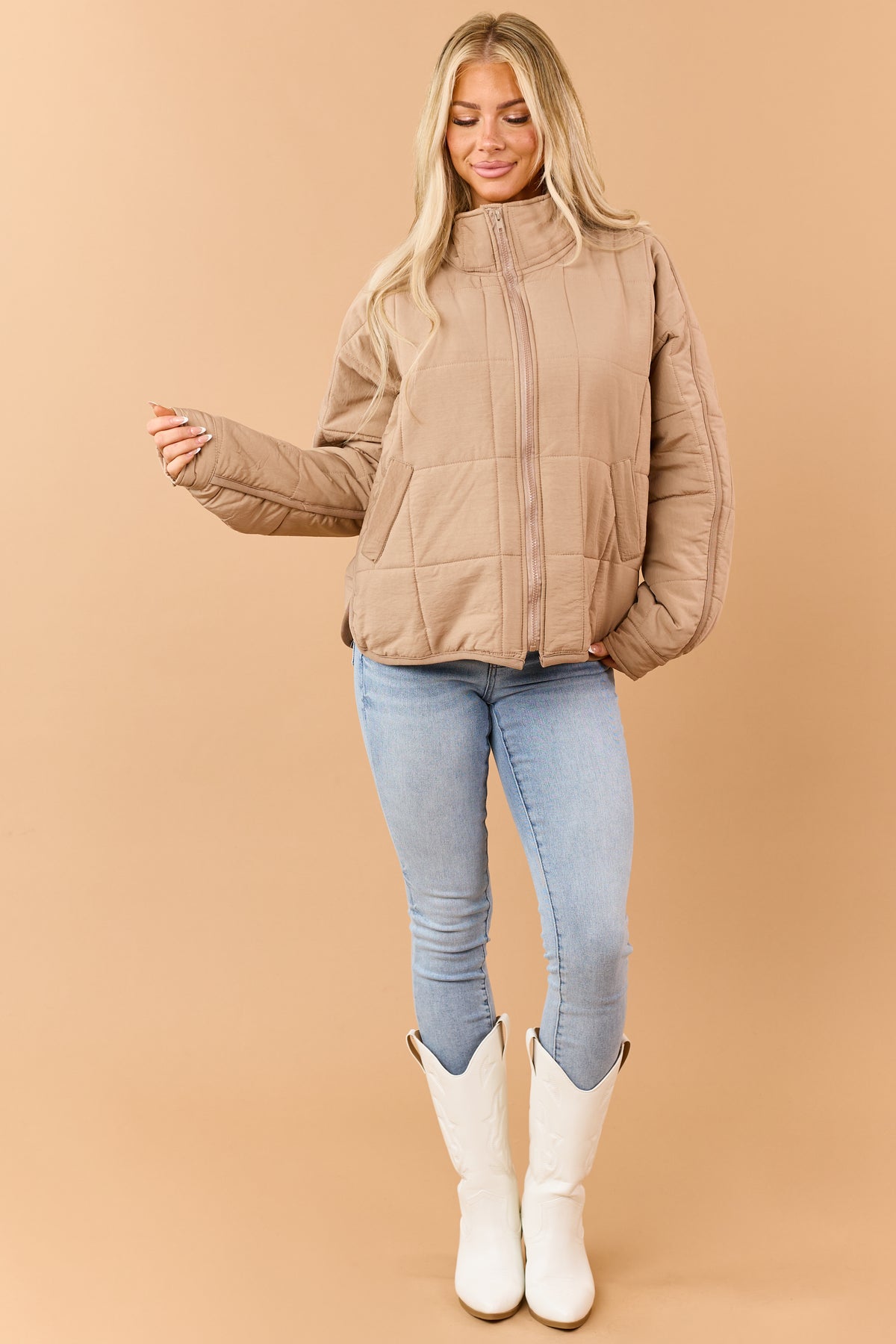 Camel Quilted Zip Up Mock Neck Puffer Jacket