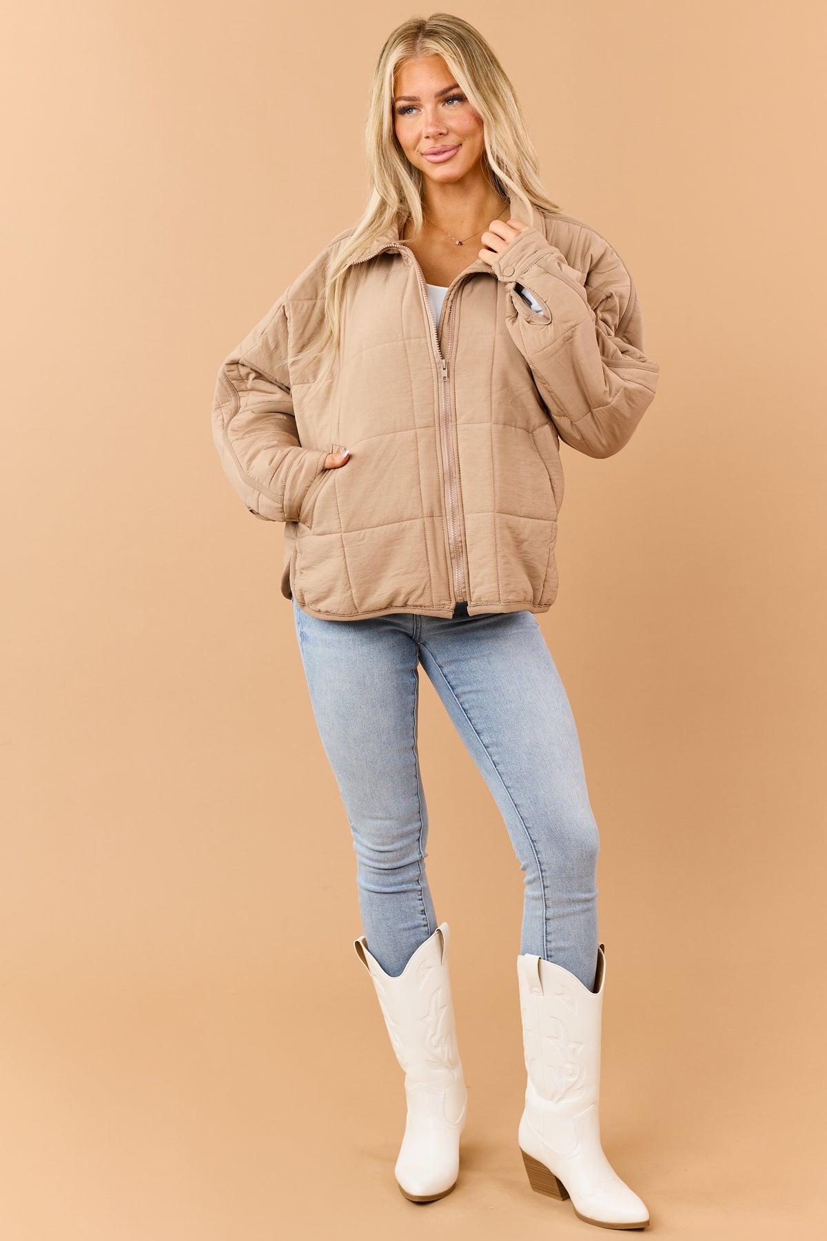 Camel Quilted Zip Up Mock Neck Puffer Jacket
