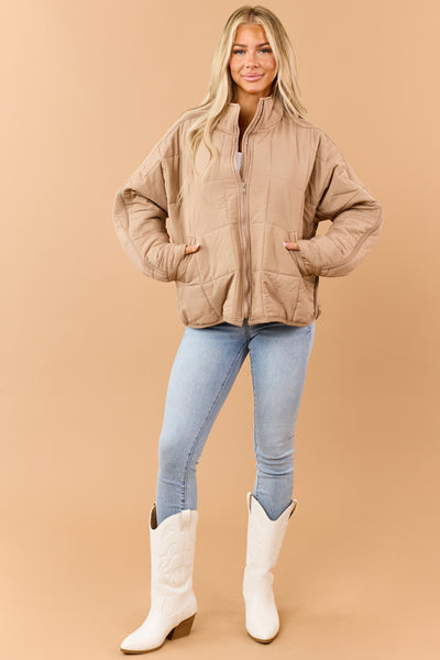 Camel Quilted Zip Up Mock Neck Puffer Jacket
