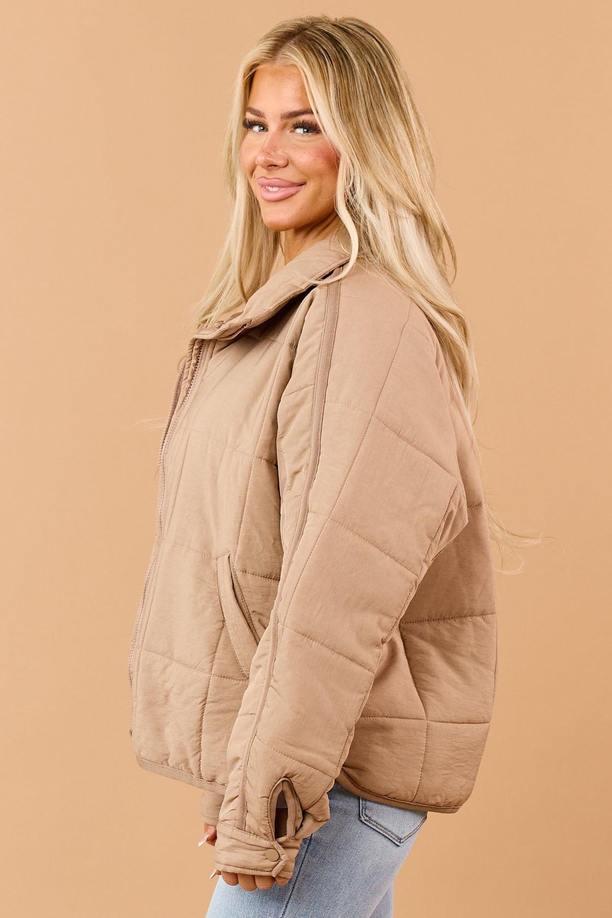 Camel Quilted Zip Up Mock Neck Puffer Jacket
