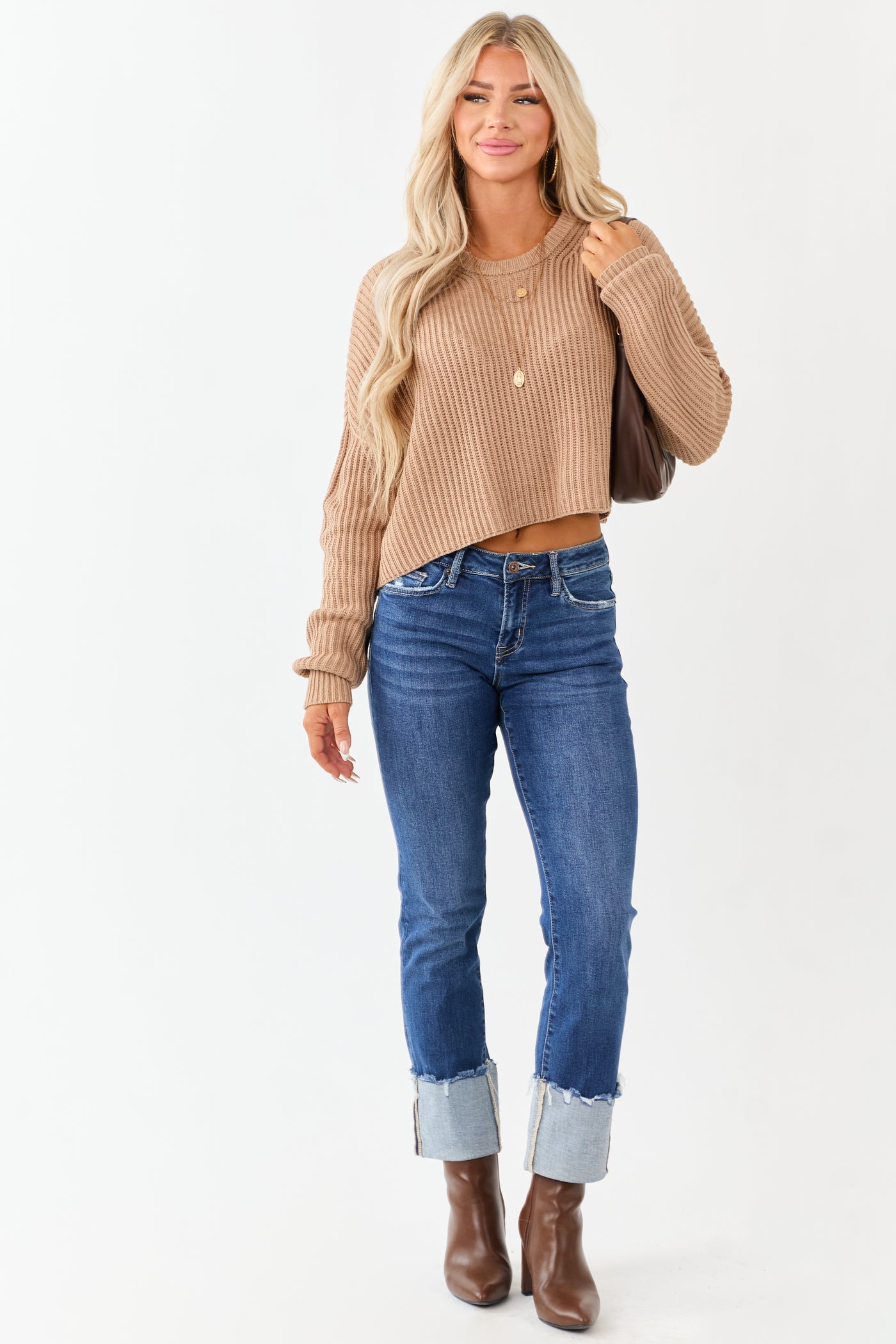Camel Relaxed Rib Knit Crew Neck Cropped Sweater