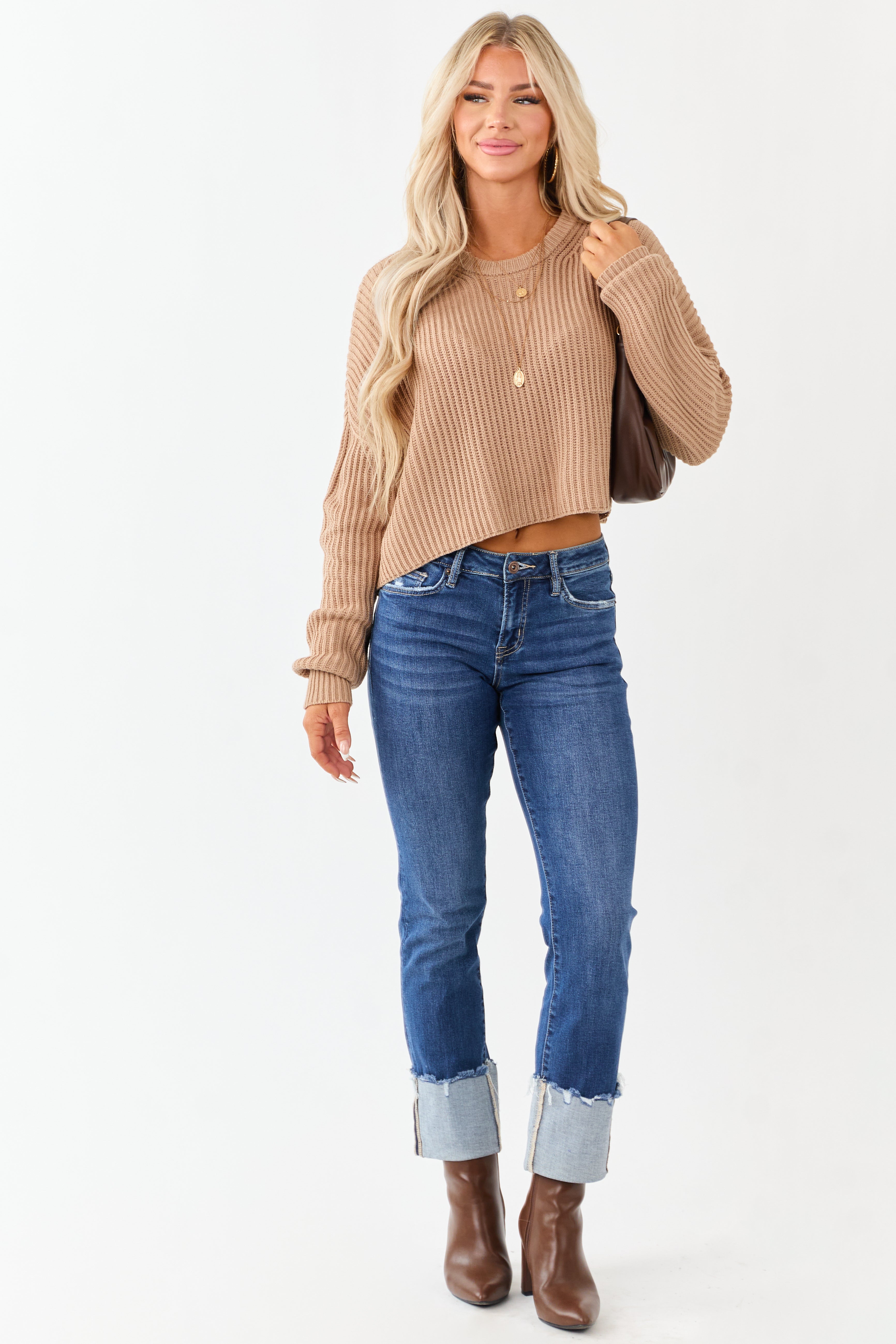 Camel Relaxed Rib Knit Crew Neck Cropped Sweater