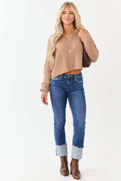 Camel Relaxed Rib Knit Crew Neck Cropped Sweater