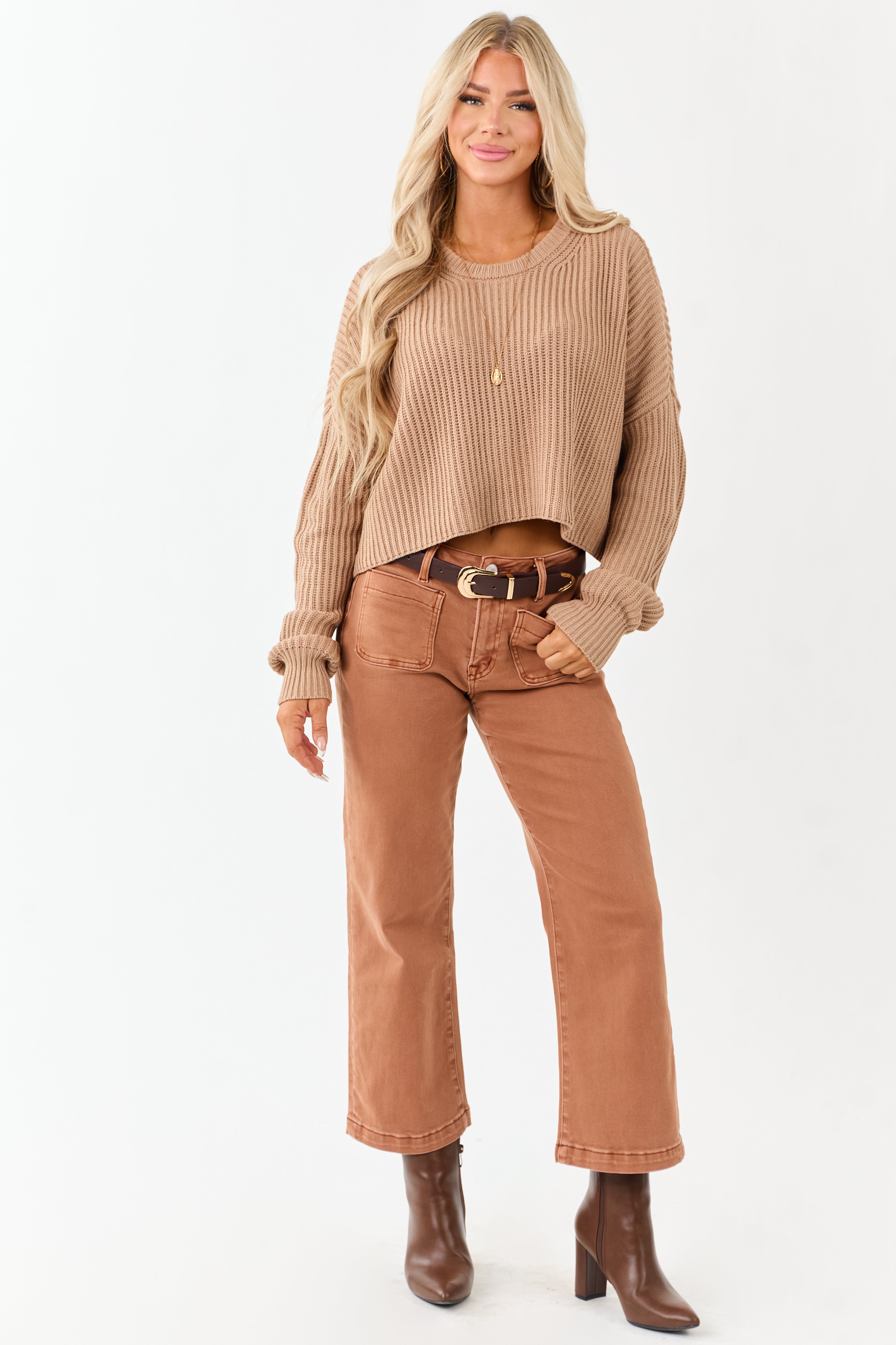 Camel Relaxed Rib Knit Crew Neck Cropped Sweater