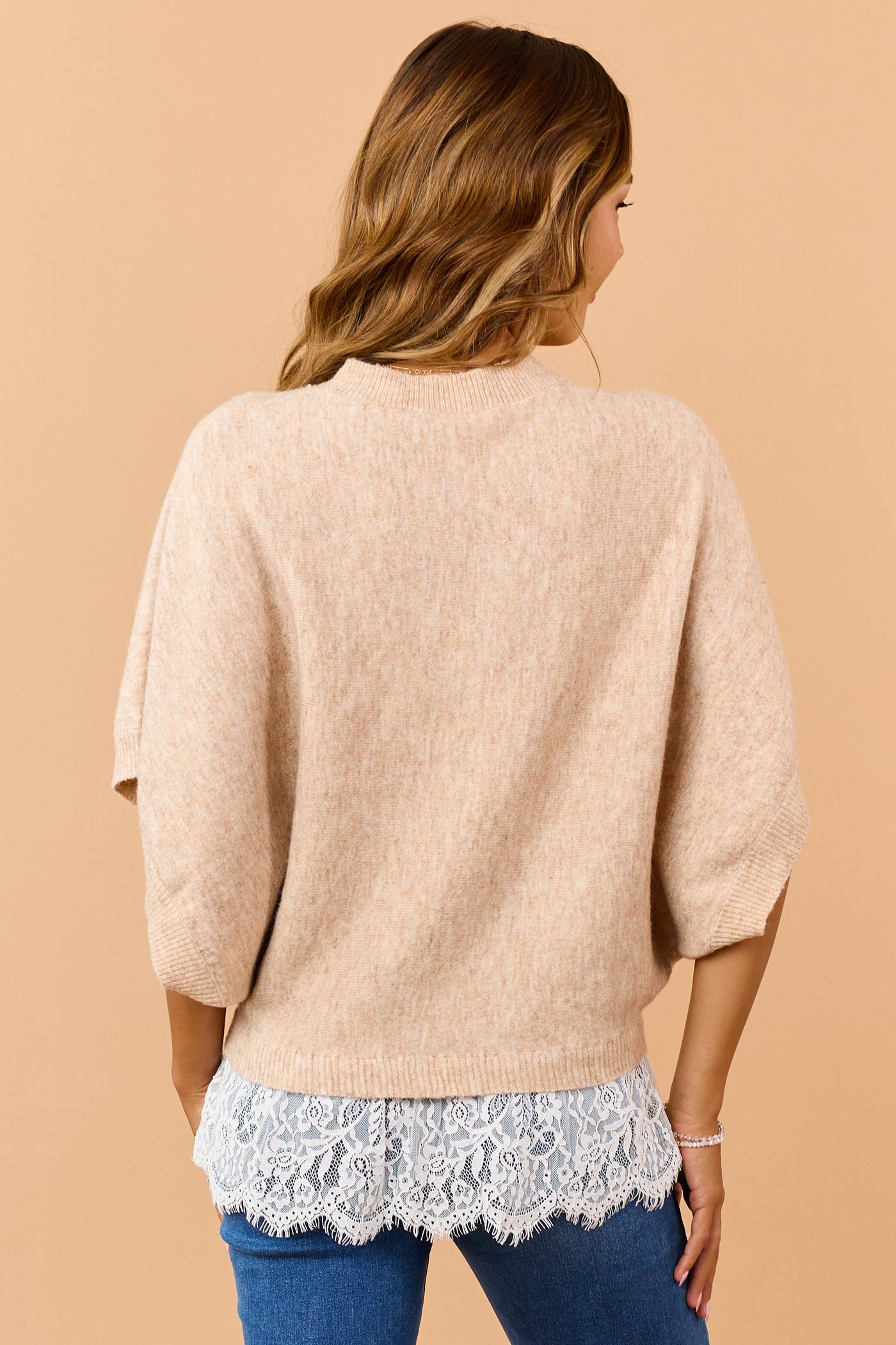 Camel Rib Knit Dolman Sleeve Lace Hem Sweater