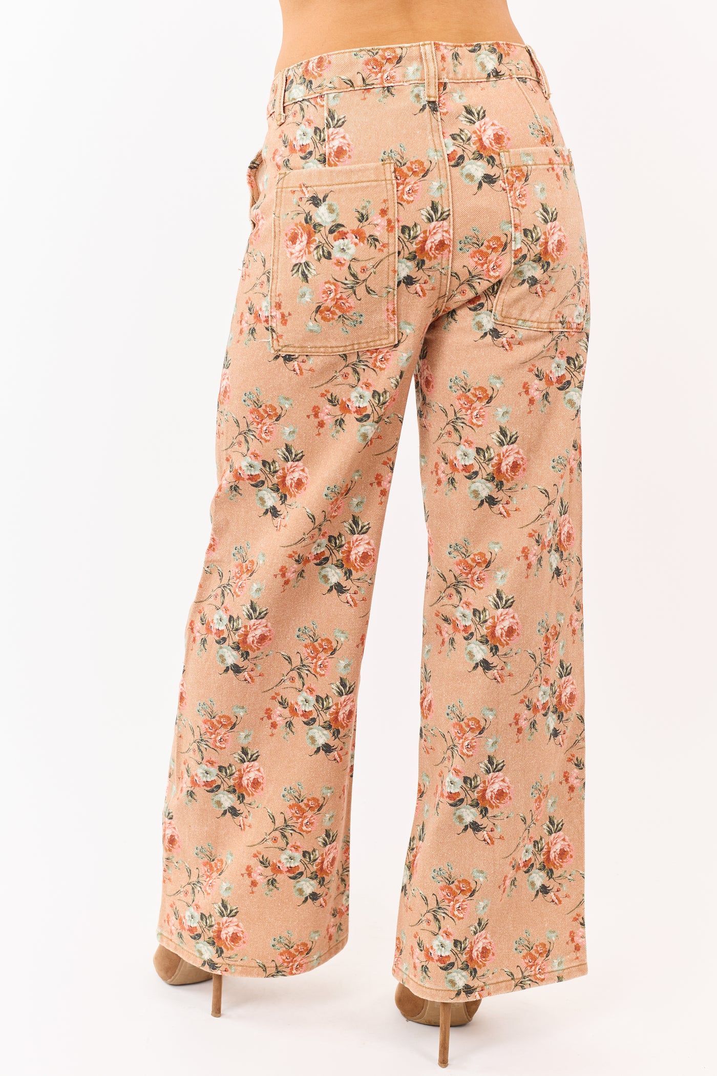 Camel Rose Print Wide Leg High Rise Jeans