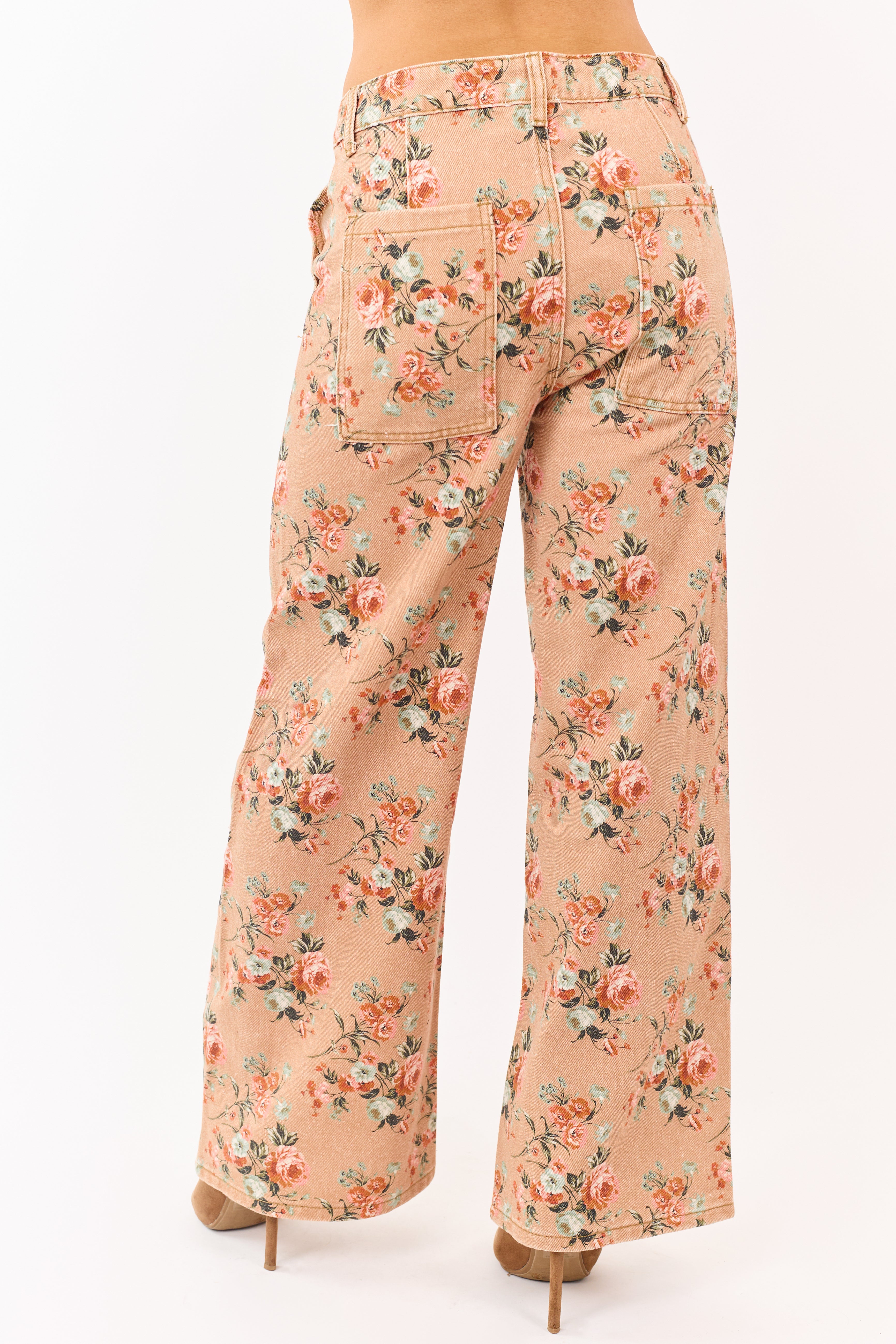Camel Rose Print Wide Leg High Rise Jeans