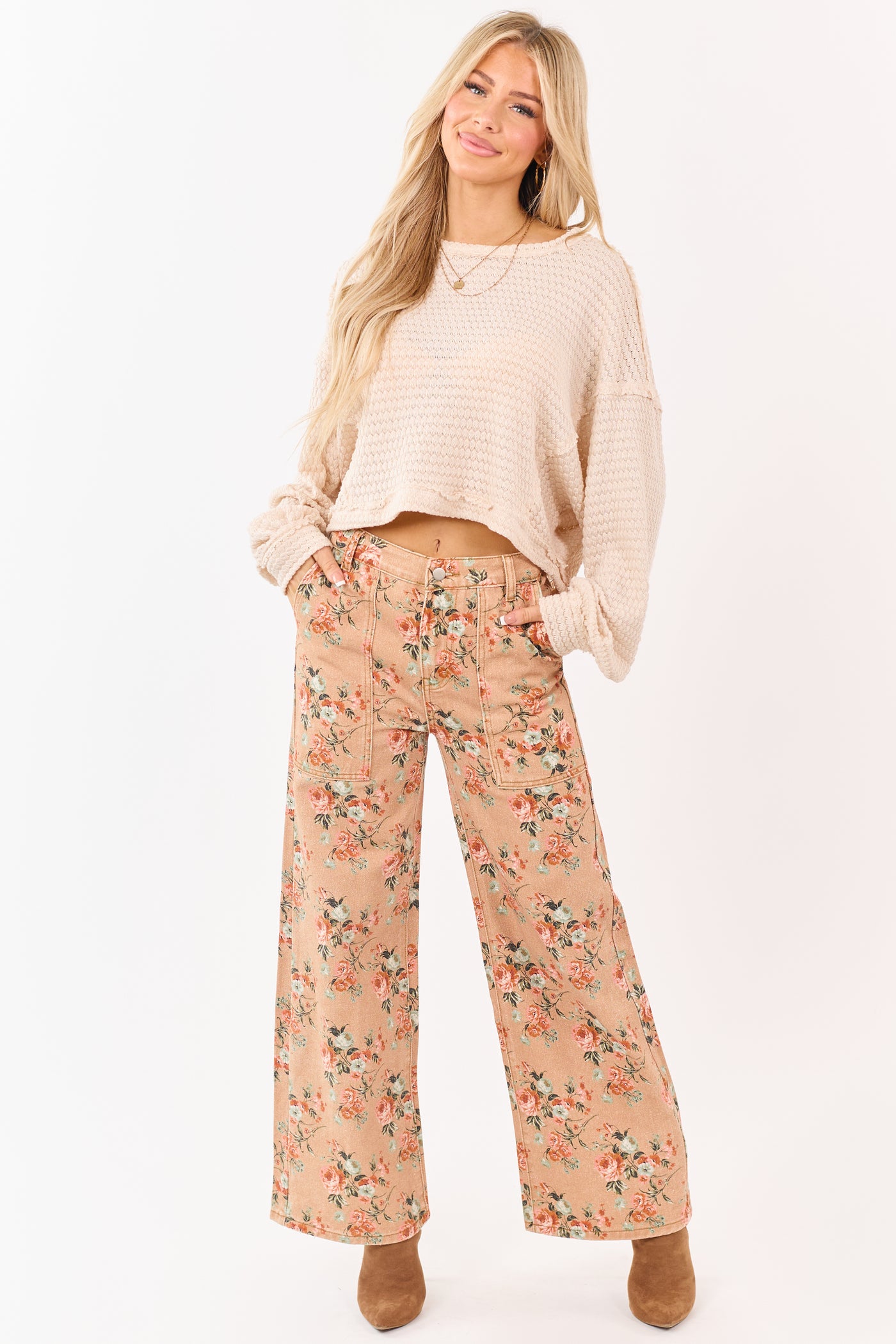 Camel Rose Print Wide Leg High Rise Jeans
