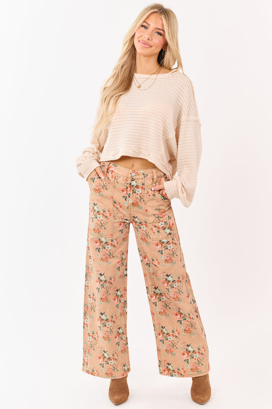 Camel Rose Print Wide Leg High Rise Jeans