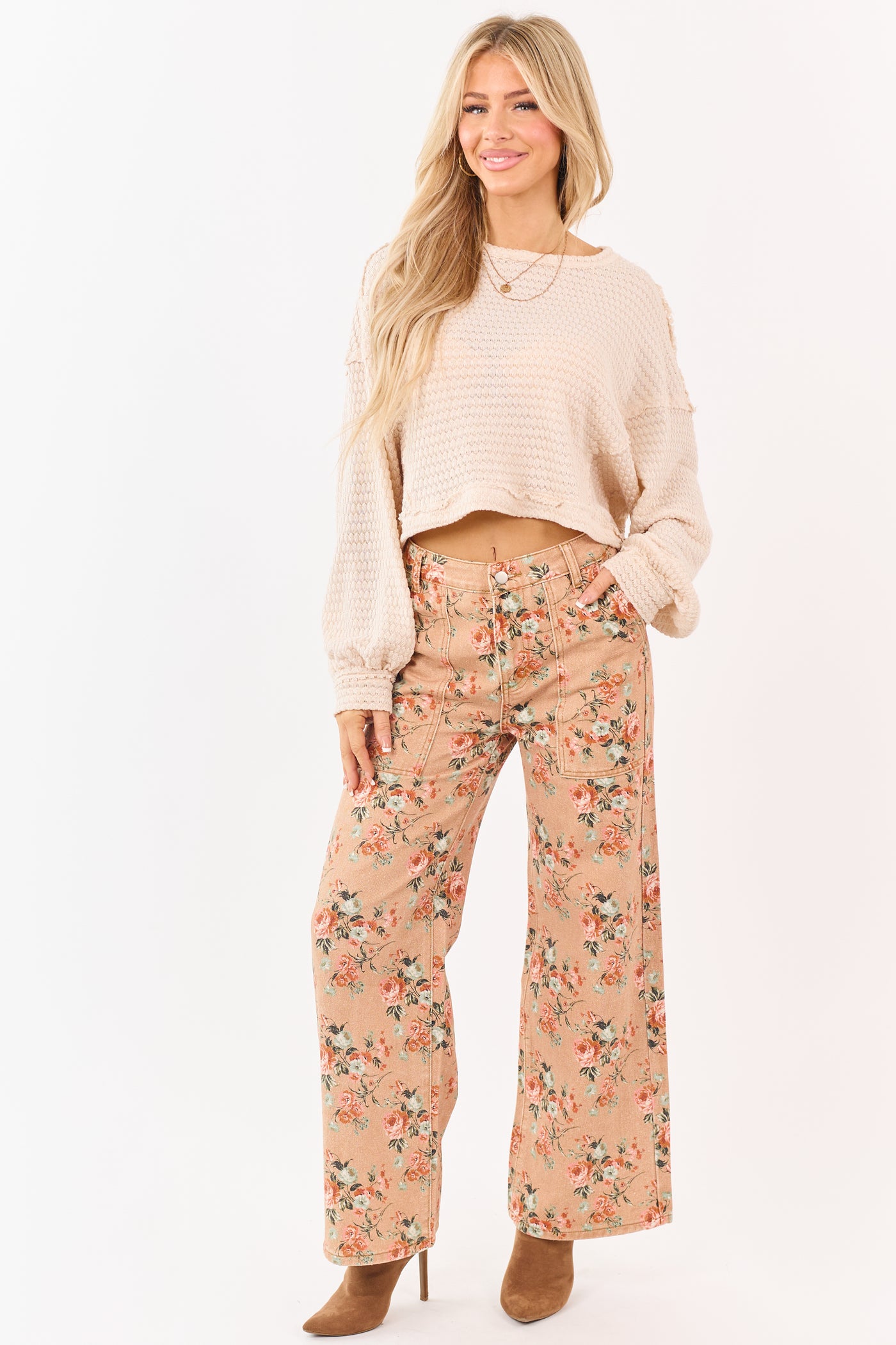 Camel Rose Print Wide Leg High Rise Jeans