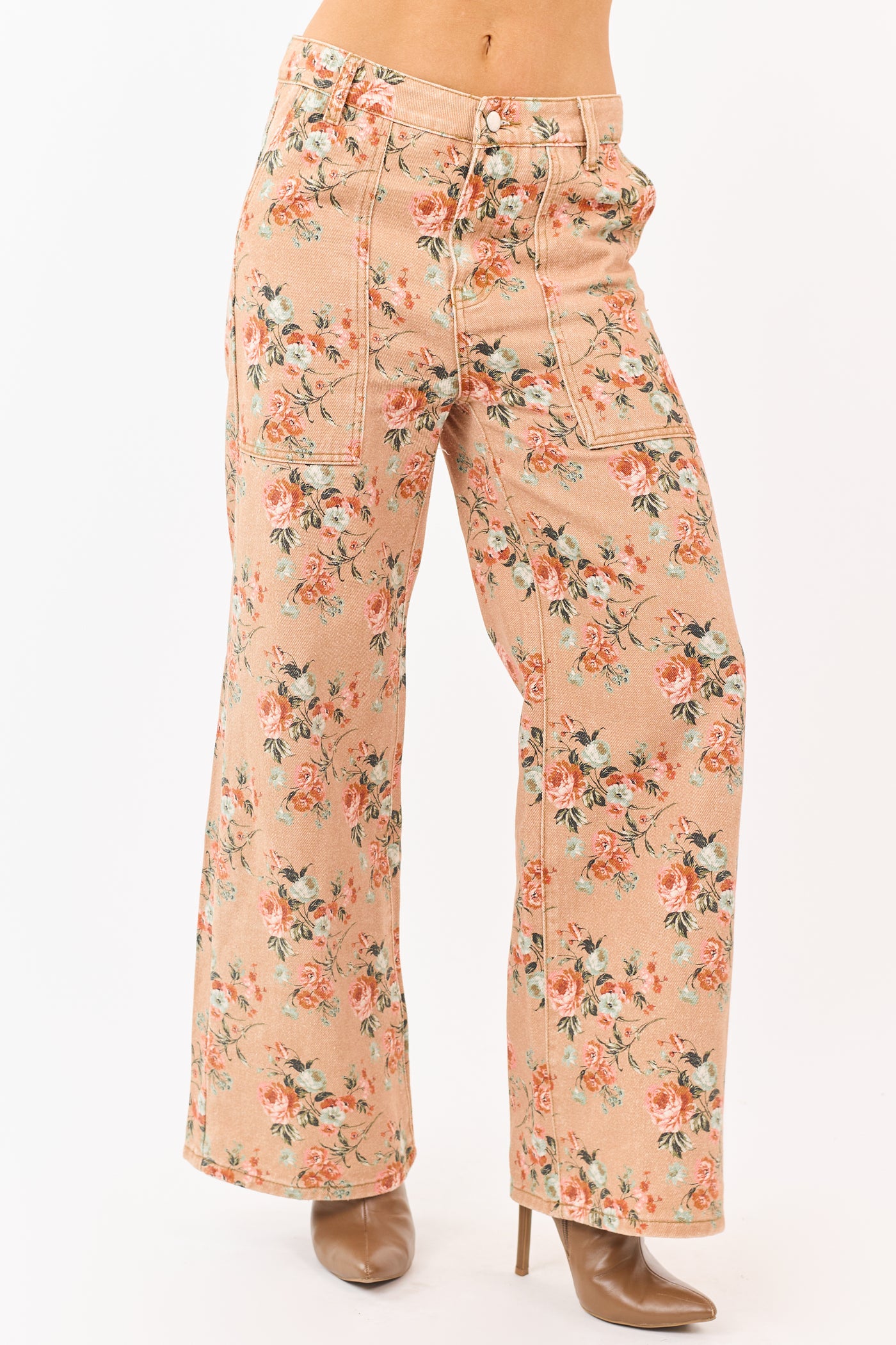 Camel Rose Print Wide Leg High Rise Jeans