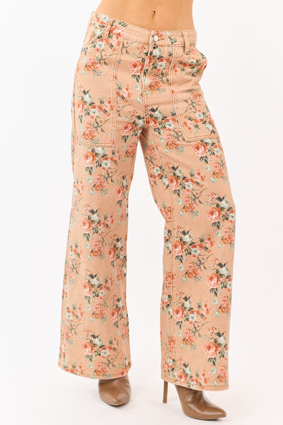 Camel Rose Print Wide Leg High Rise Jeans