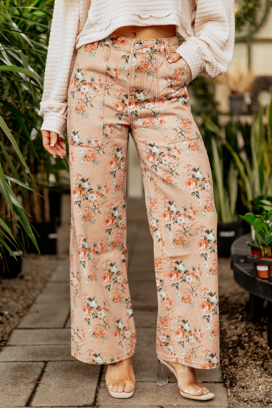Camel Rose Print Wide Leg High Rise Jeans