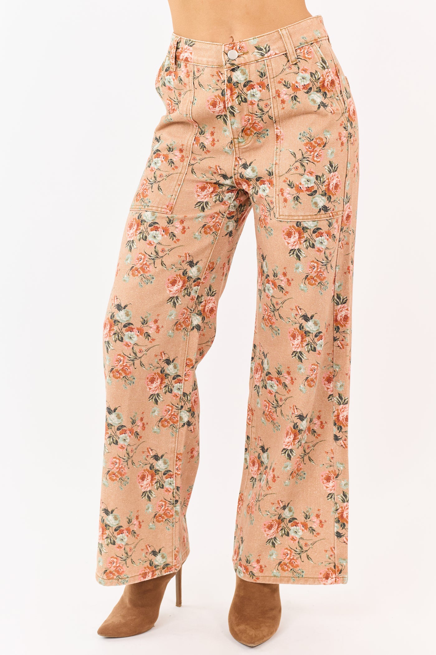Camel Rose Print Wide Leg High Rise Jeans