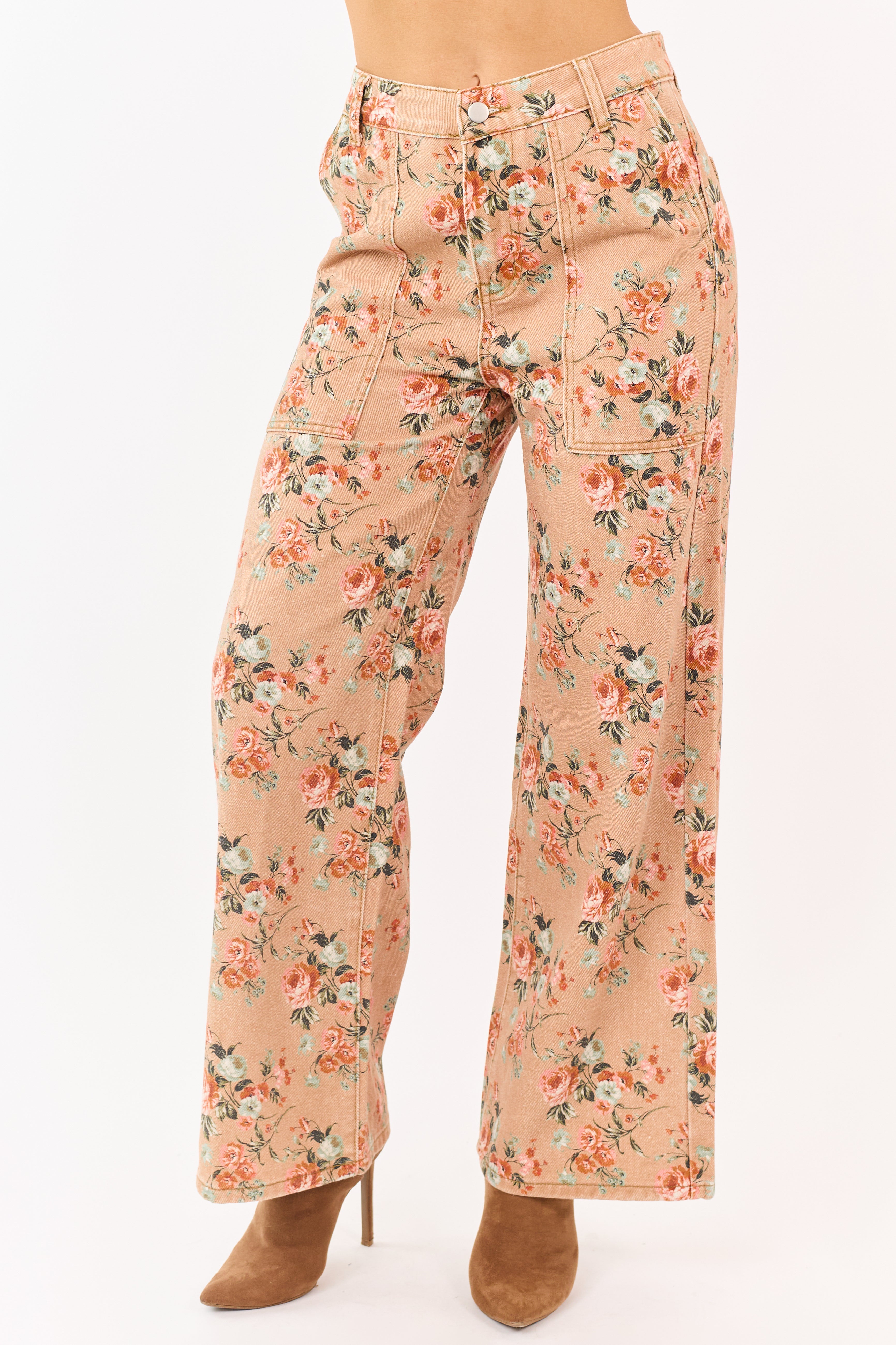 Camel Rose Print Wide Leg High Rise Jeans