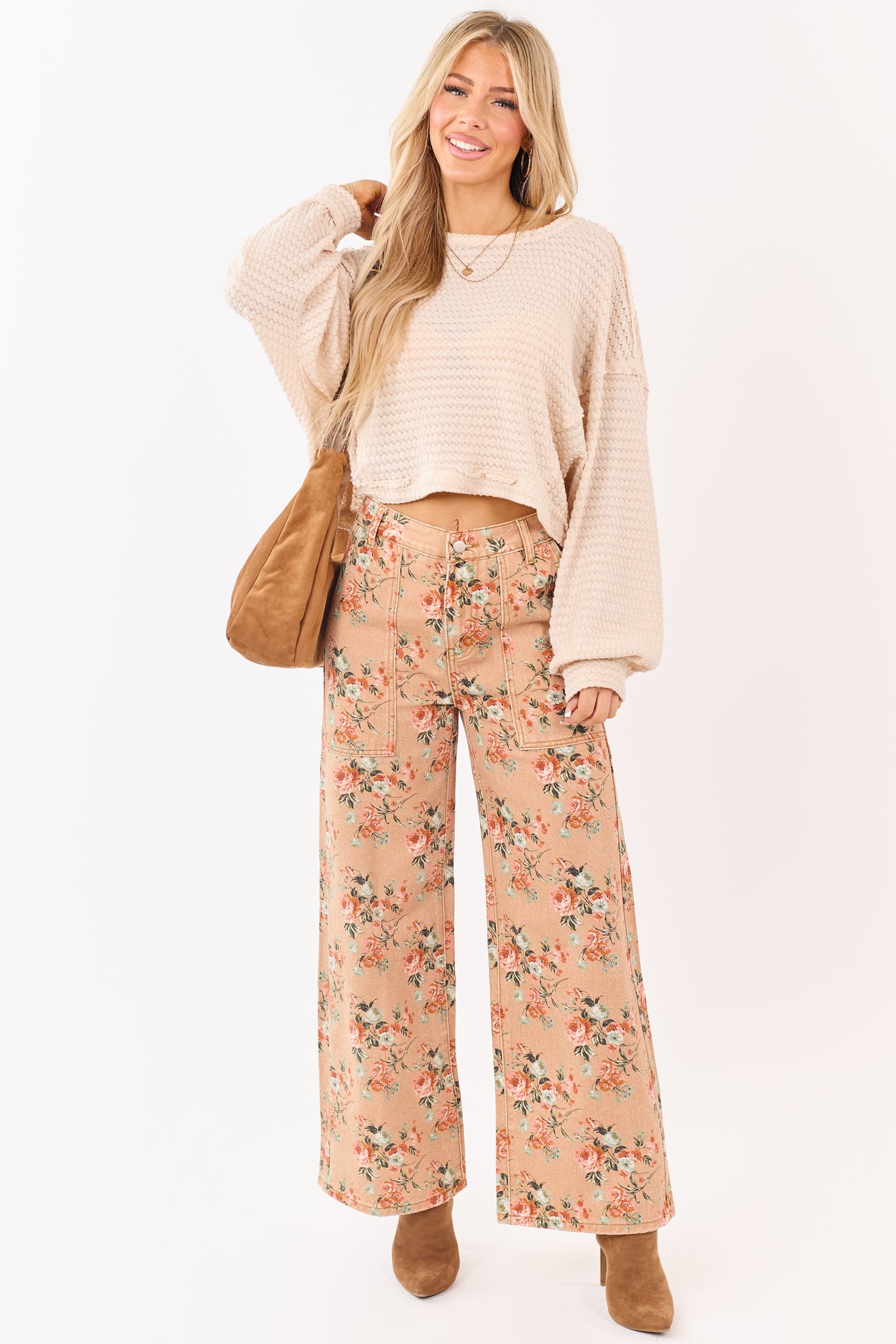 Camel Rose Print Wide Leg High Rise Jeans