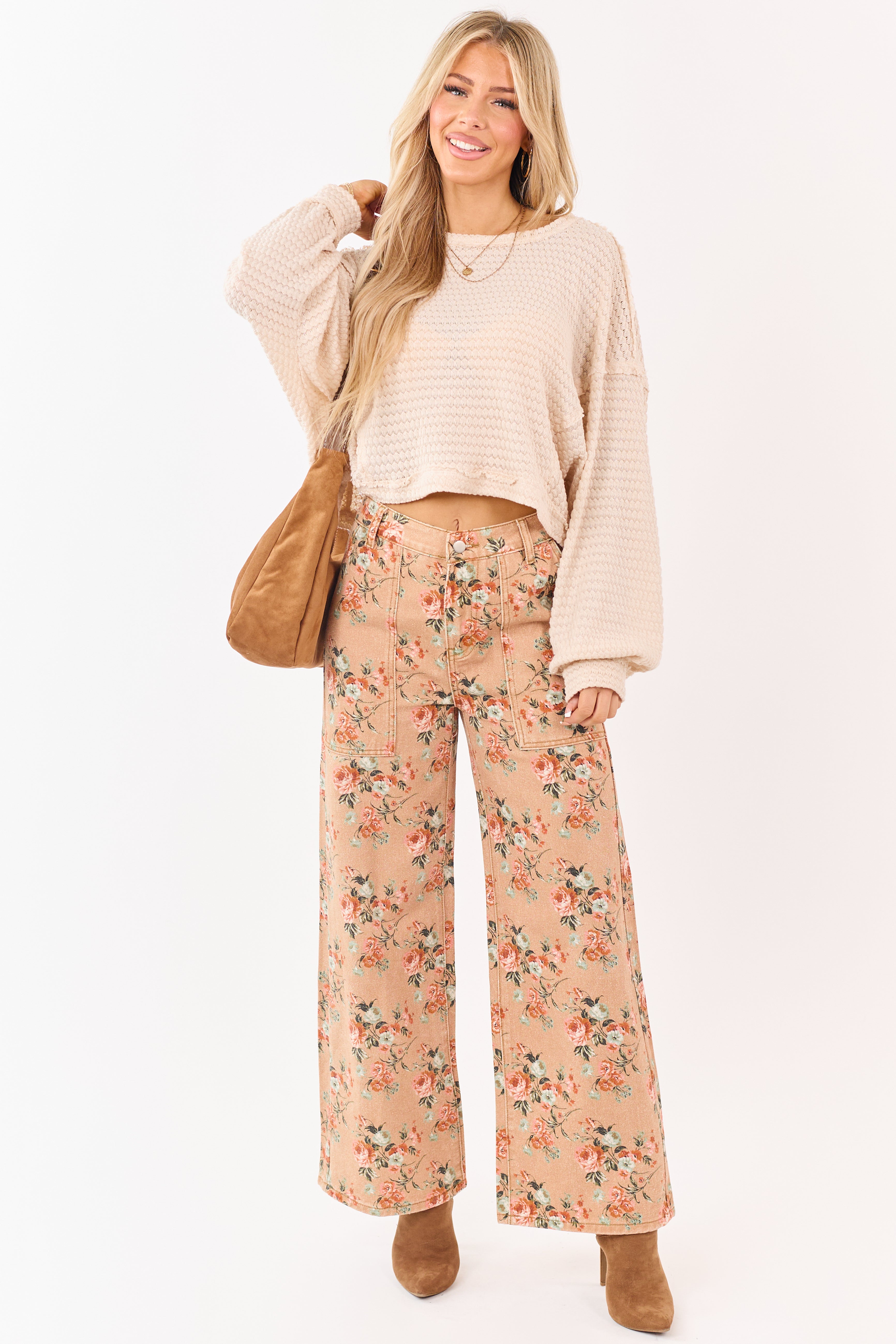 Camel Rose Print Wide Leg High Rise Jeans