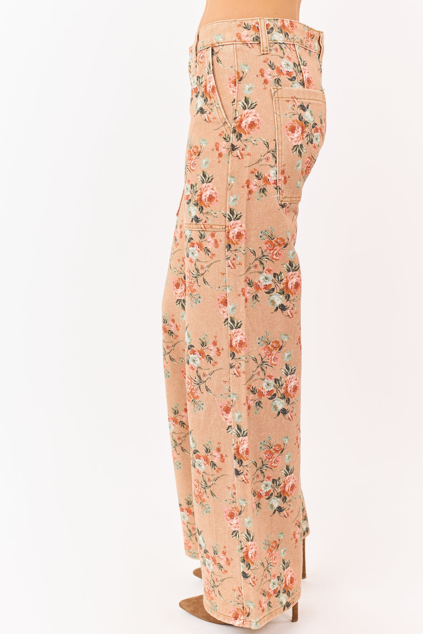 Camel Rose Print Wide Leg High Rise Jeans