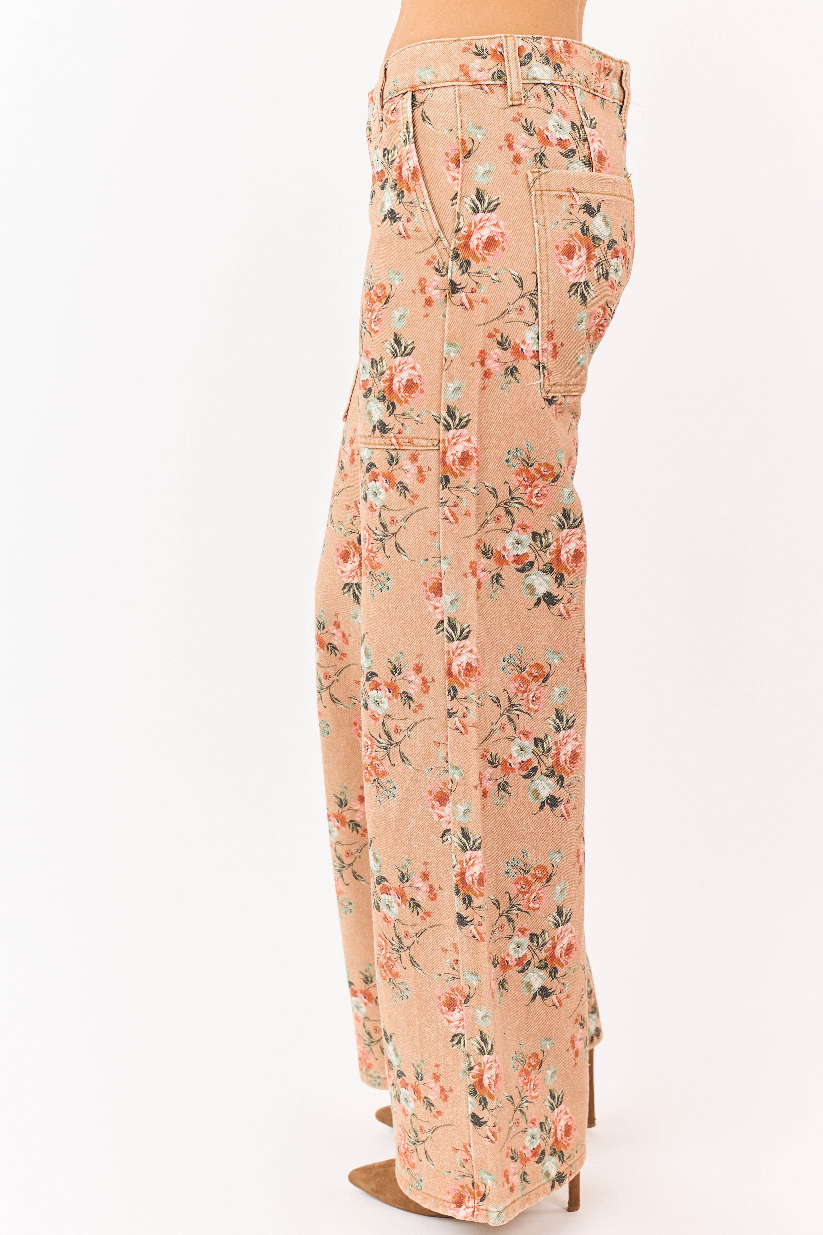 Camel Rose Print Wide Leg High Rise Jeans