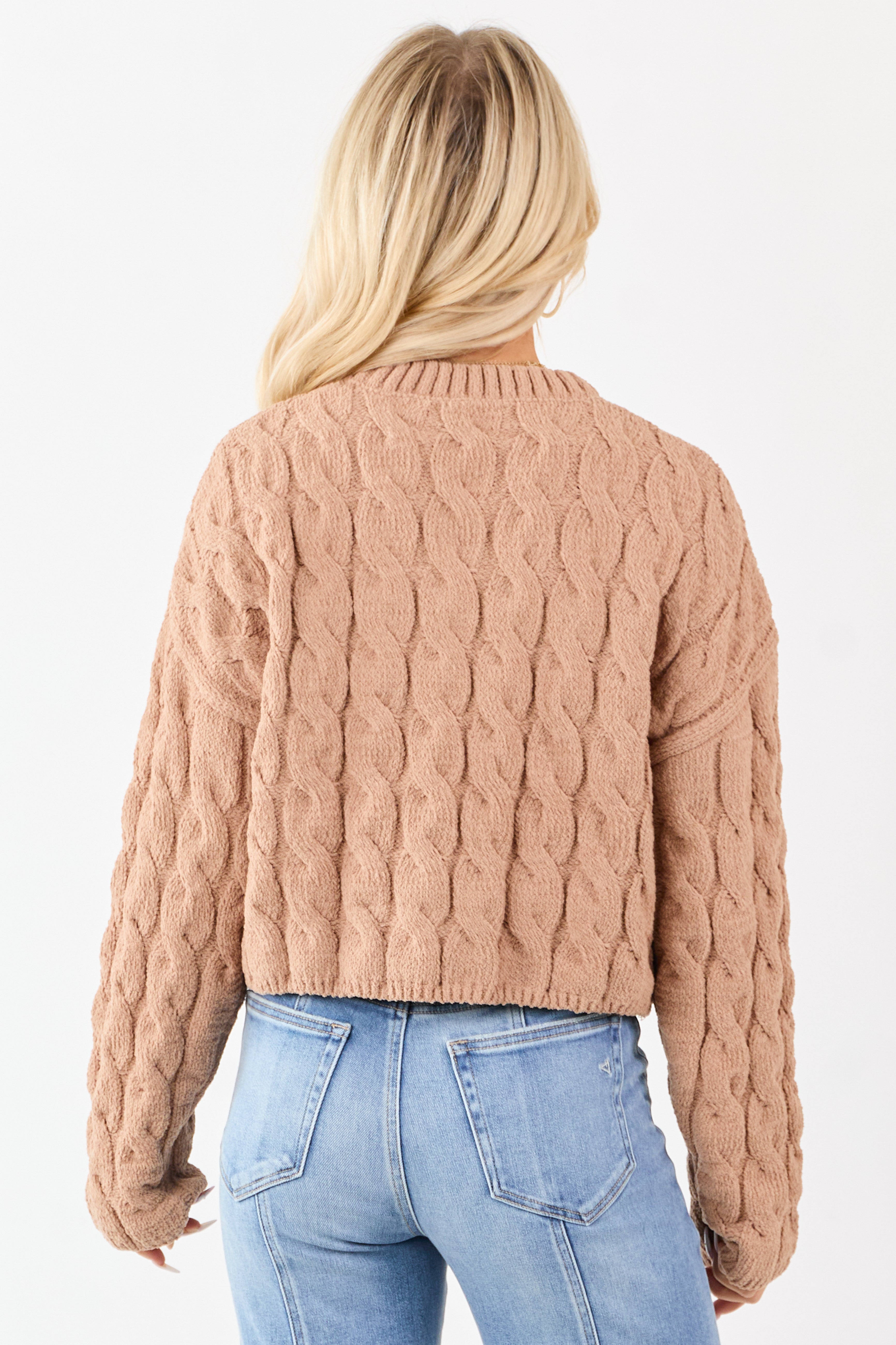 Camel Semi Cropped Chenille Cable Knit Sweater