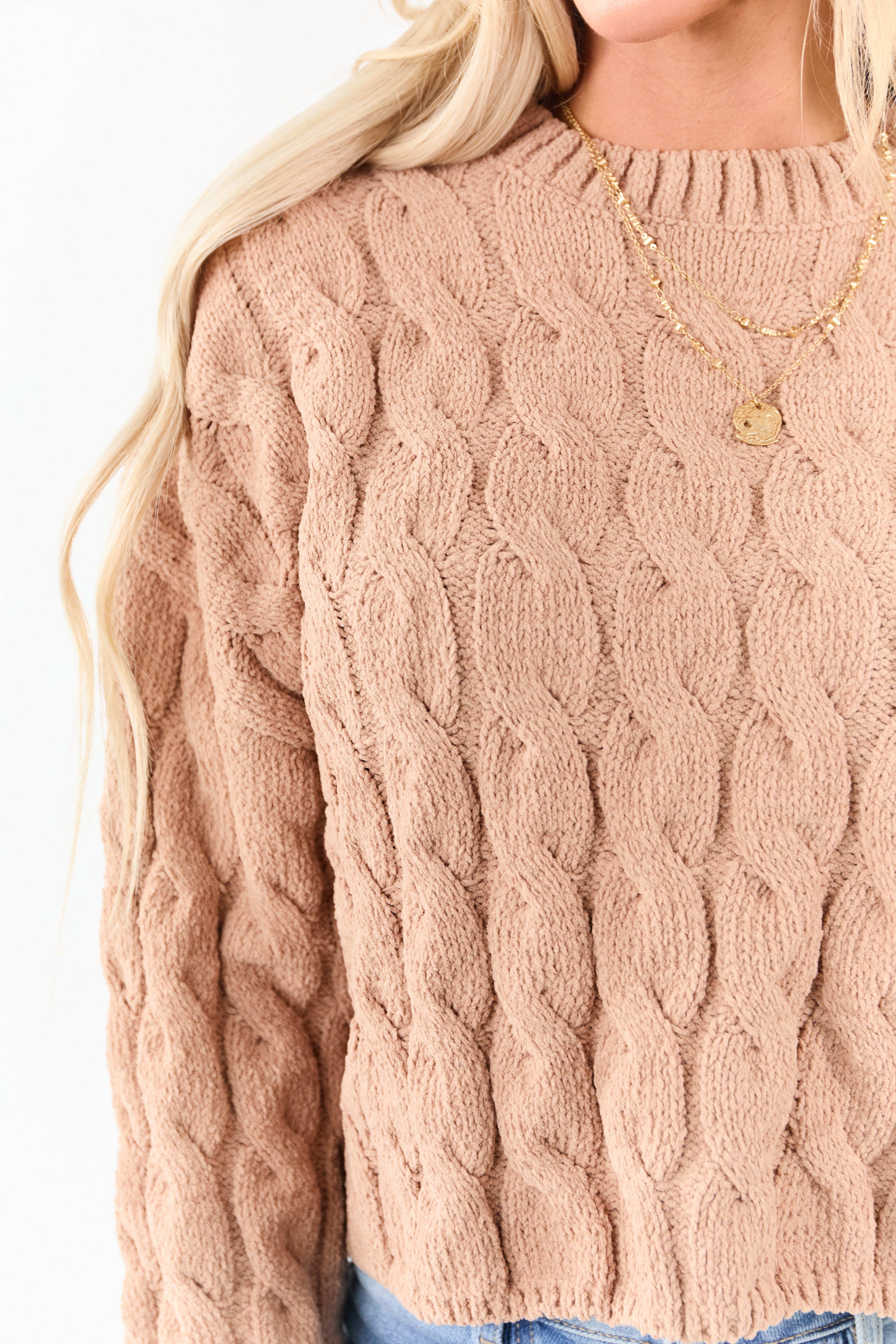 Camel Semi Cropped Chenille Cable Knit Sweater