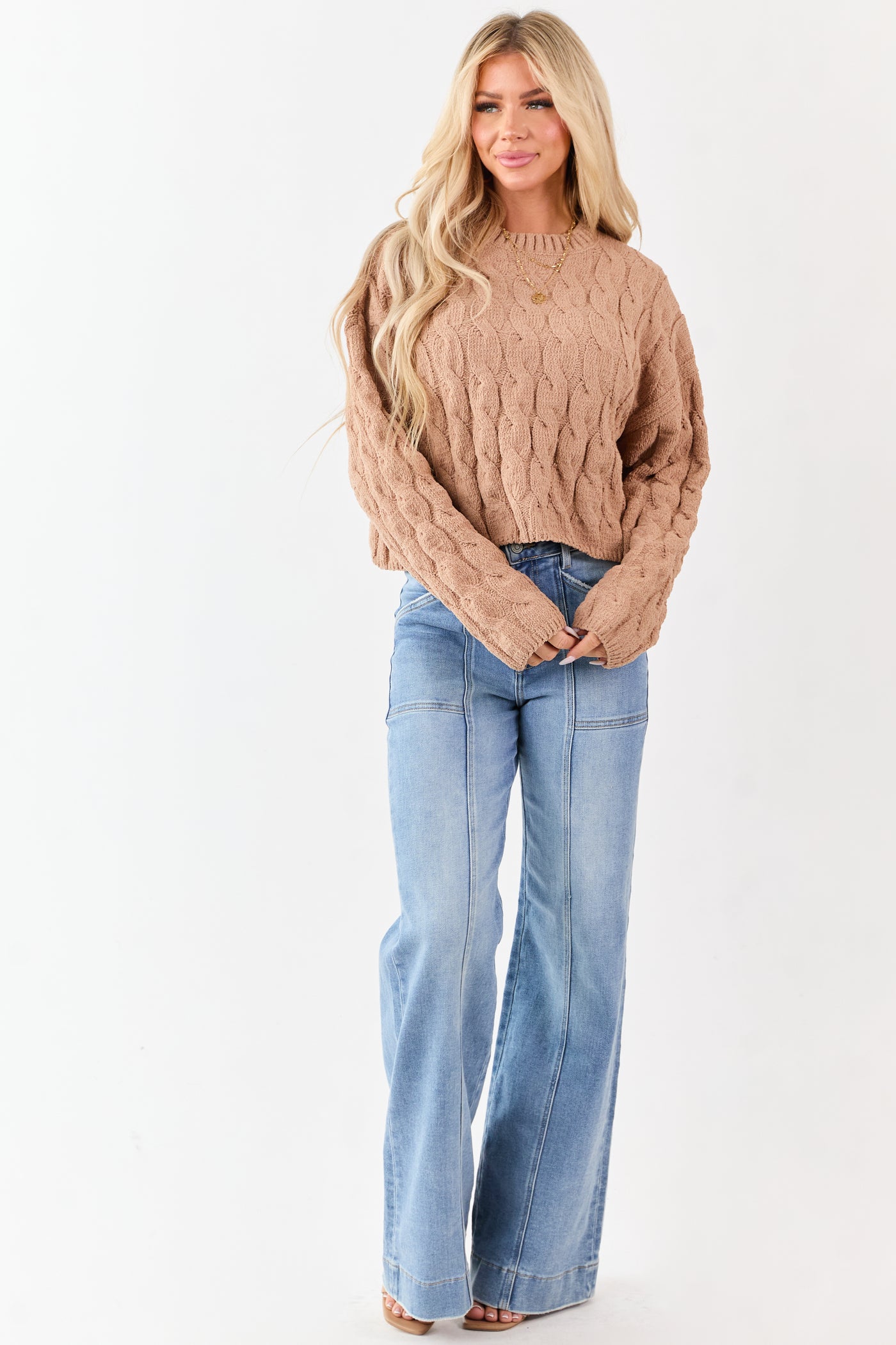 Camel Semi Cropped Chenille Cable Knit Sweater