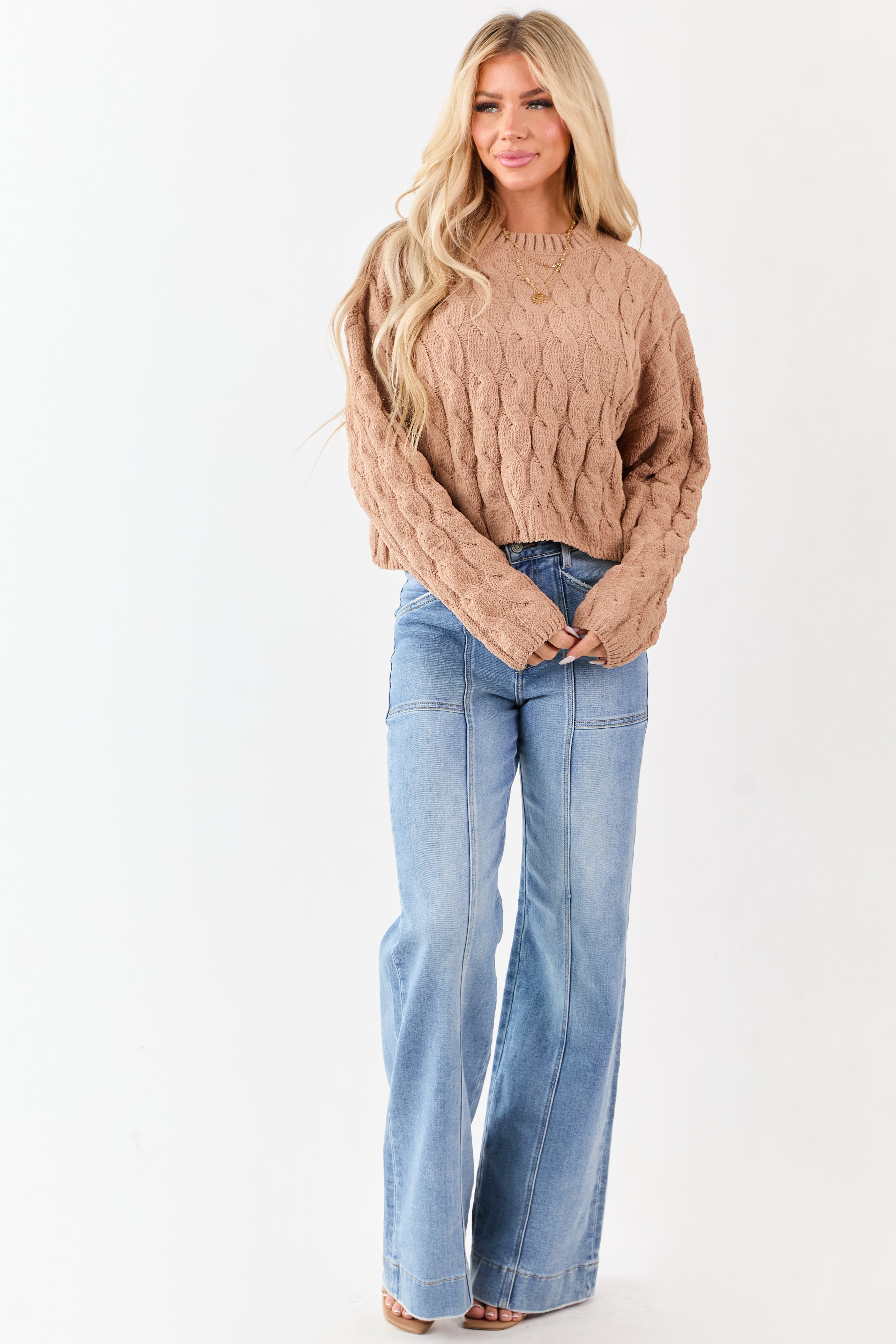 Camel Semi Cropped Chenille Cable Knit Sweater