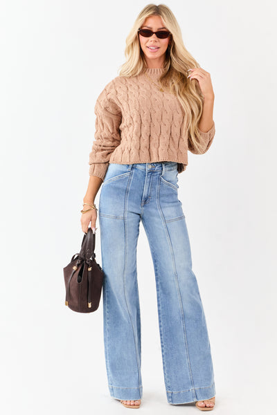 Camel Semi Cropped Chenille Cable Knit Sweater