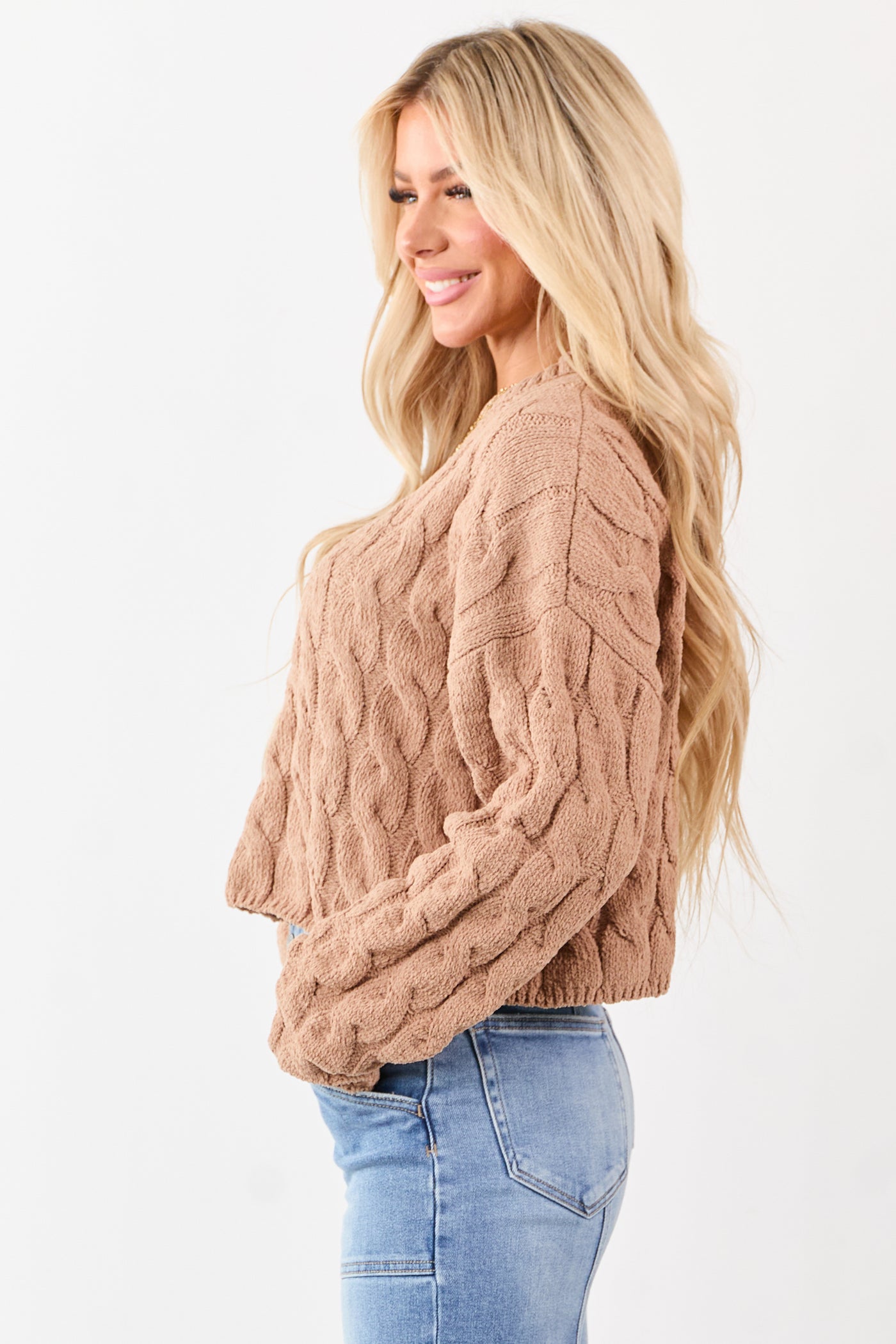 Camel Semi Cropped Chenille Cable Knit Sweater