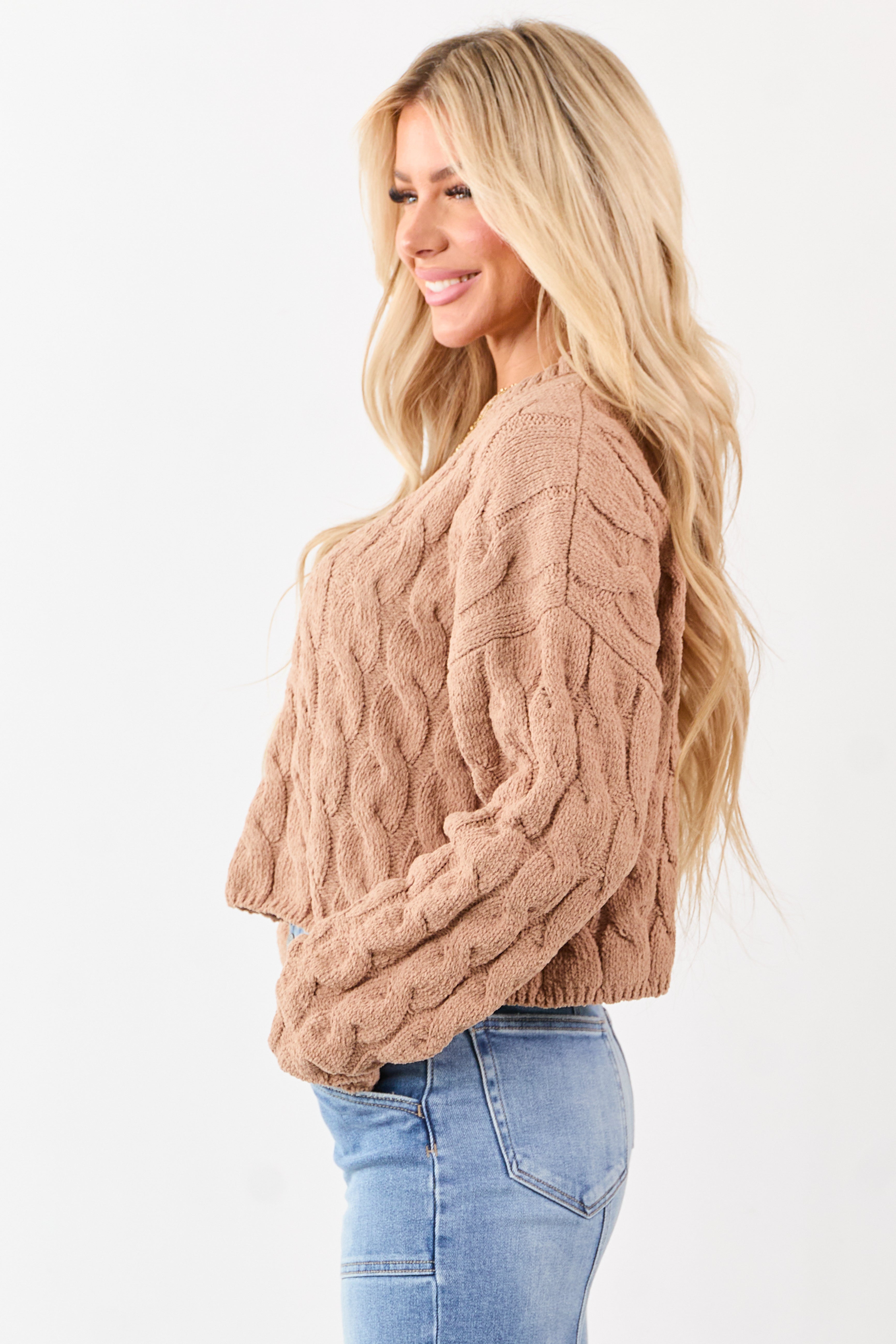 Camel Semi Cropped Chenille Cable Knit Sweater