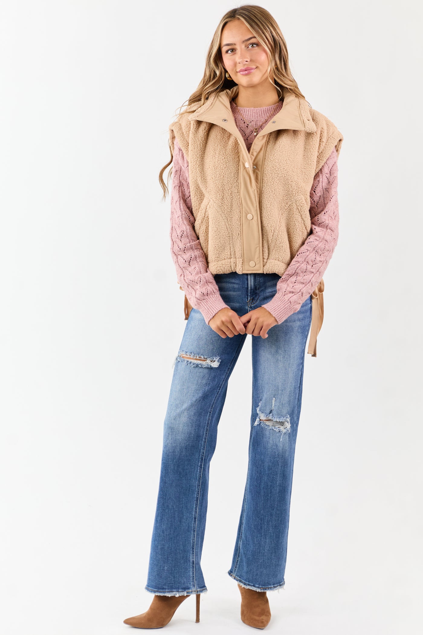 Camel Sherpa Button Down Side Tie Vest