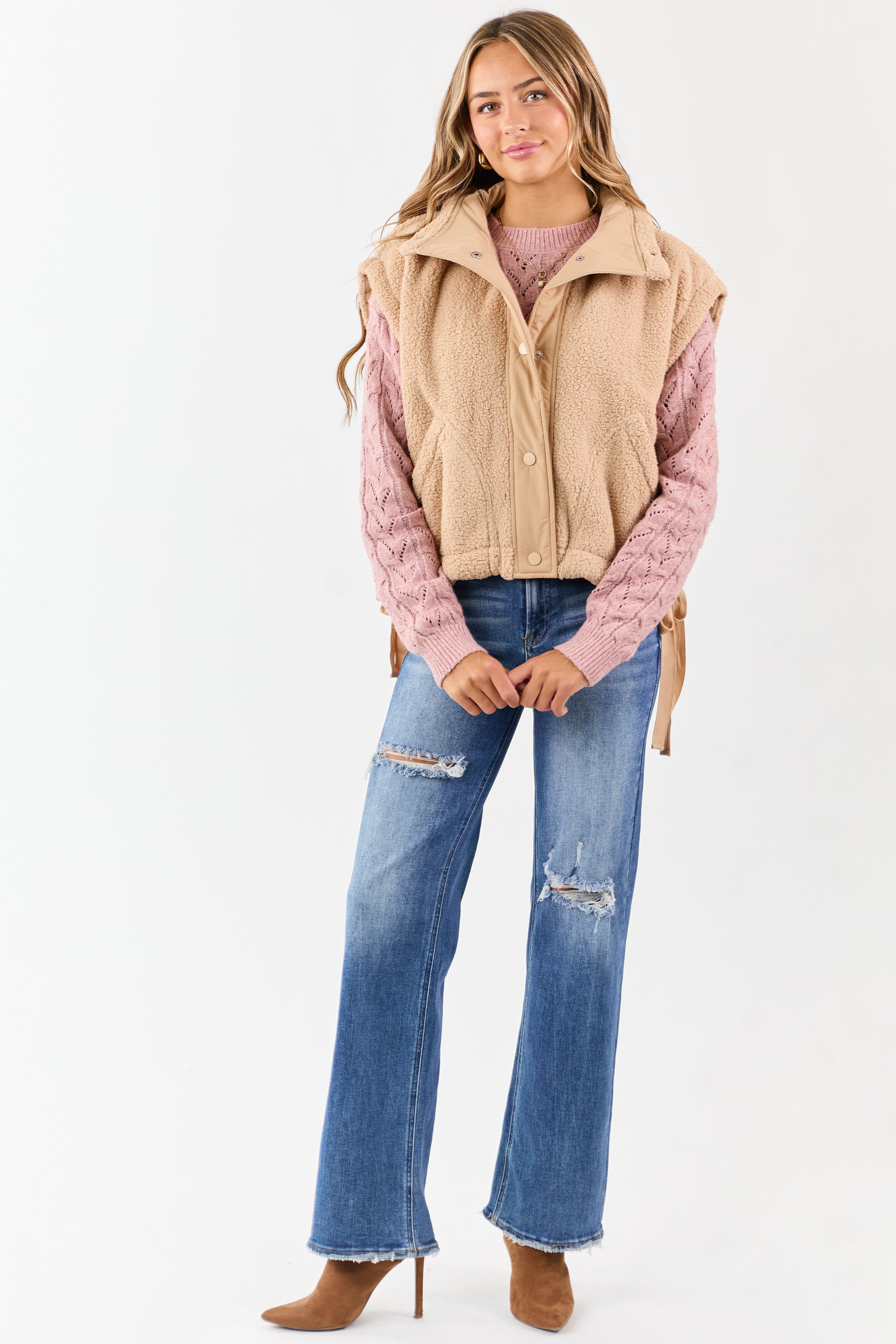 Camel Sherpa Button Down Side Tie Vest
