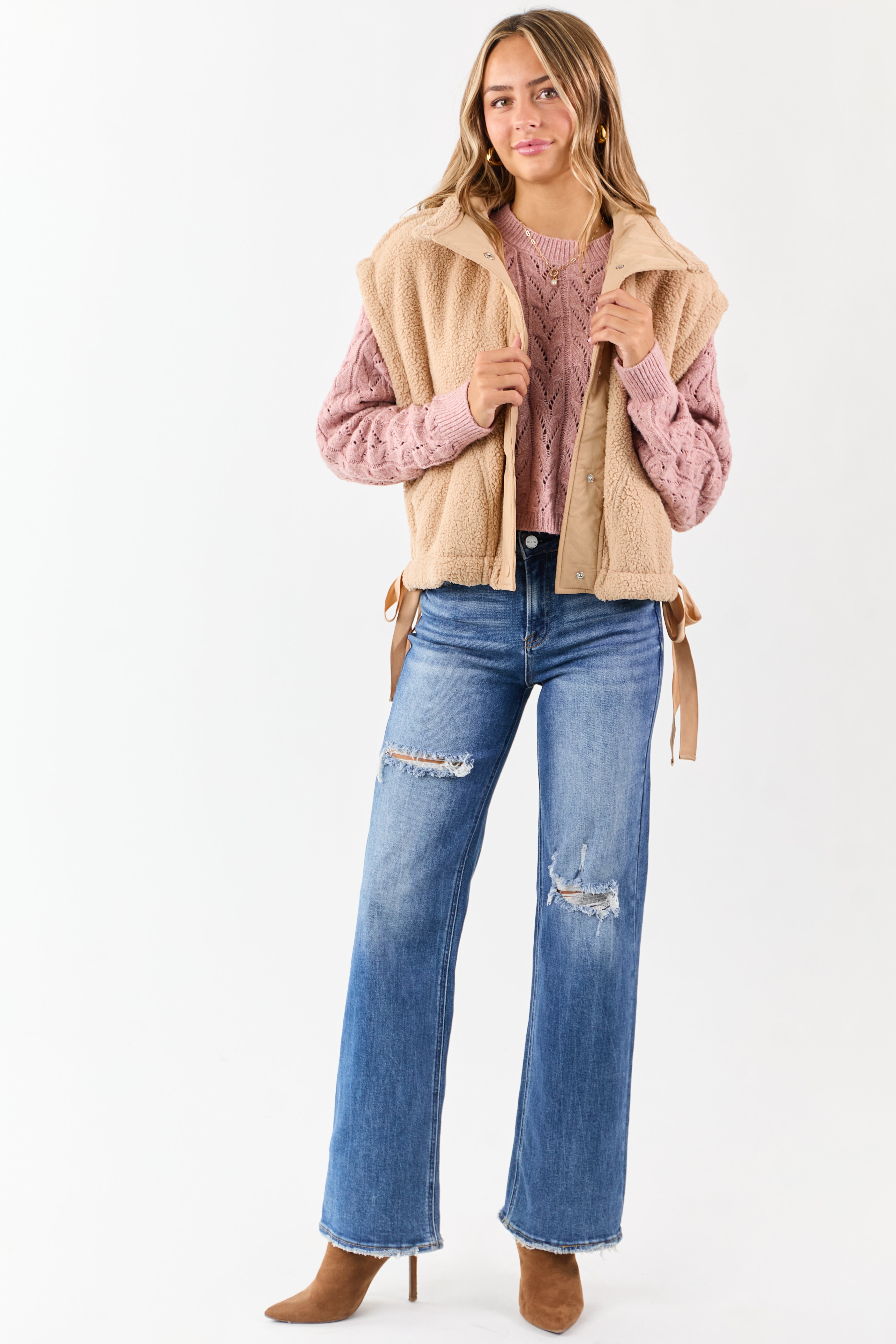Camel Sherpa Button Down Side Tie Vest