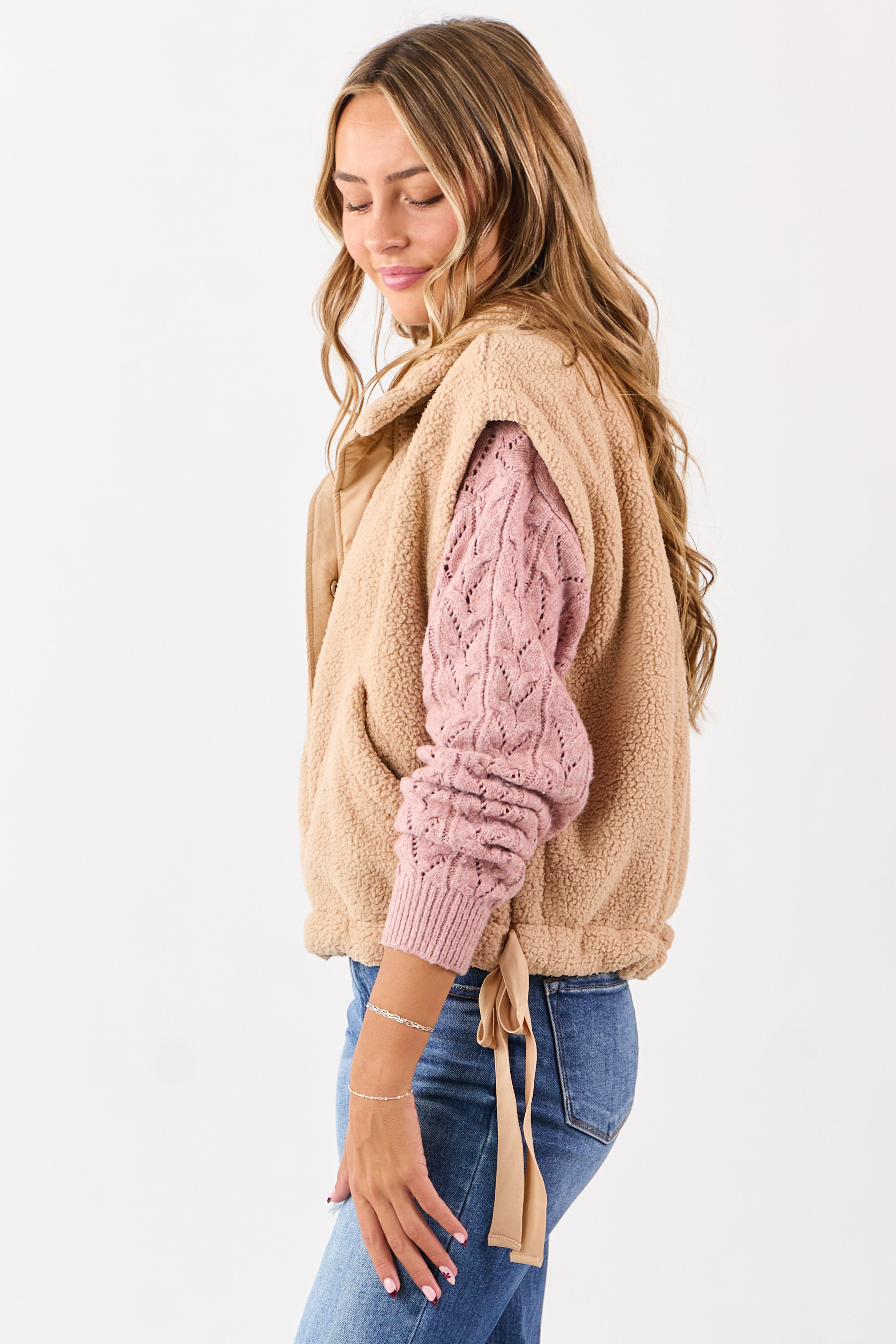 Camel Sherpa Button Down Side Tie Vest