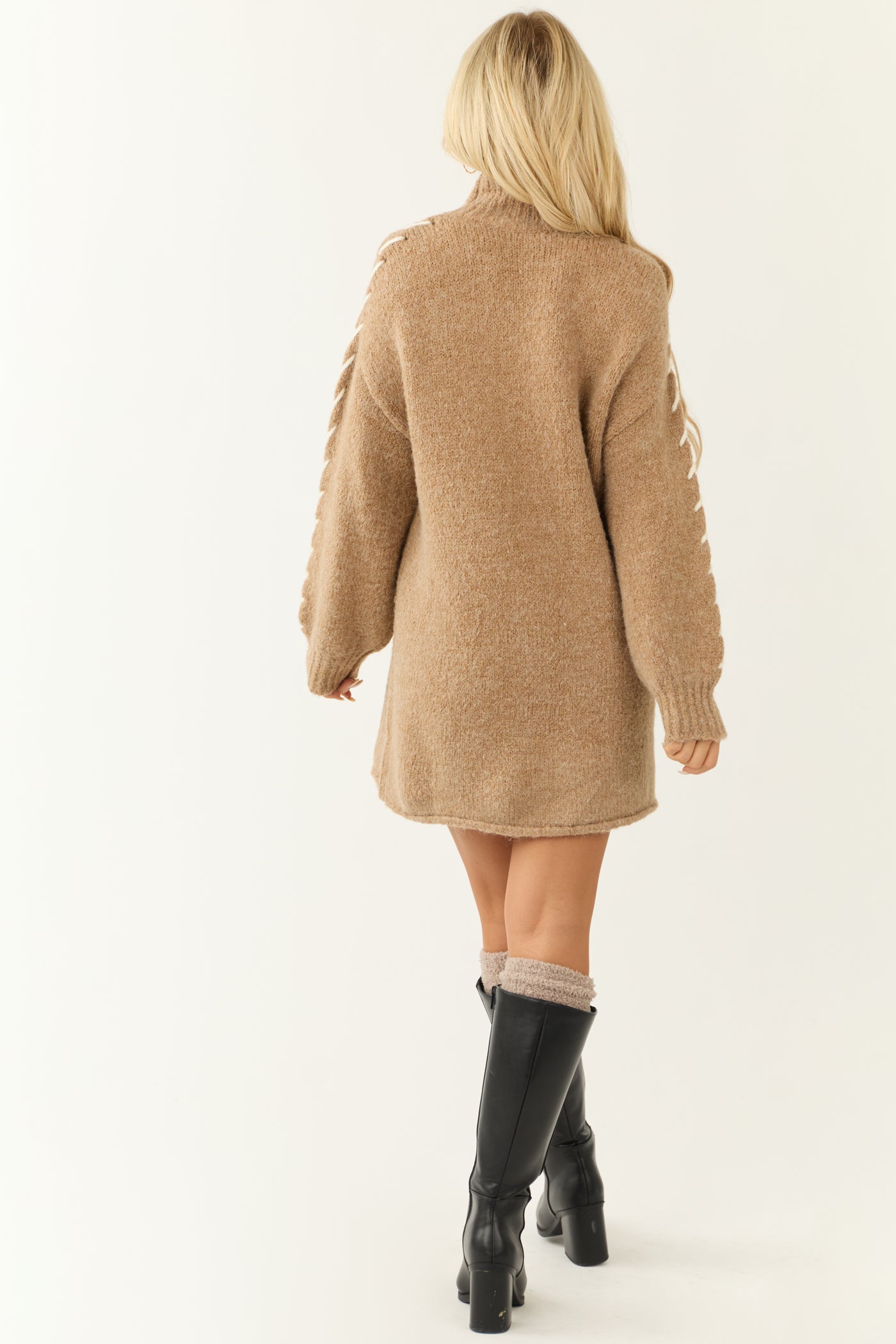 Camel Stitch Detail Mock Neck Sweater Dress | Lime Lush Boutique Camel Stitch Detail Mock Neck Sweater Dress | Lime Lush Boutique