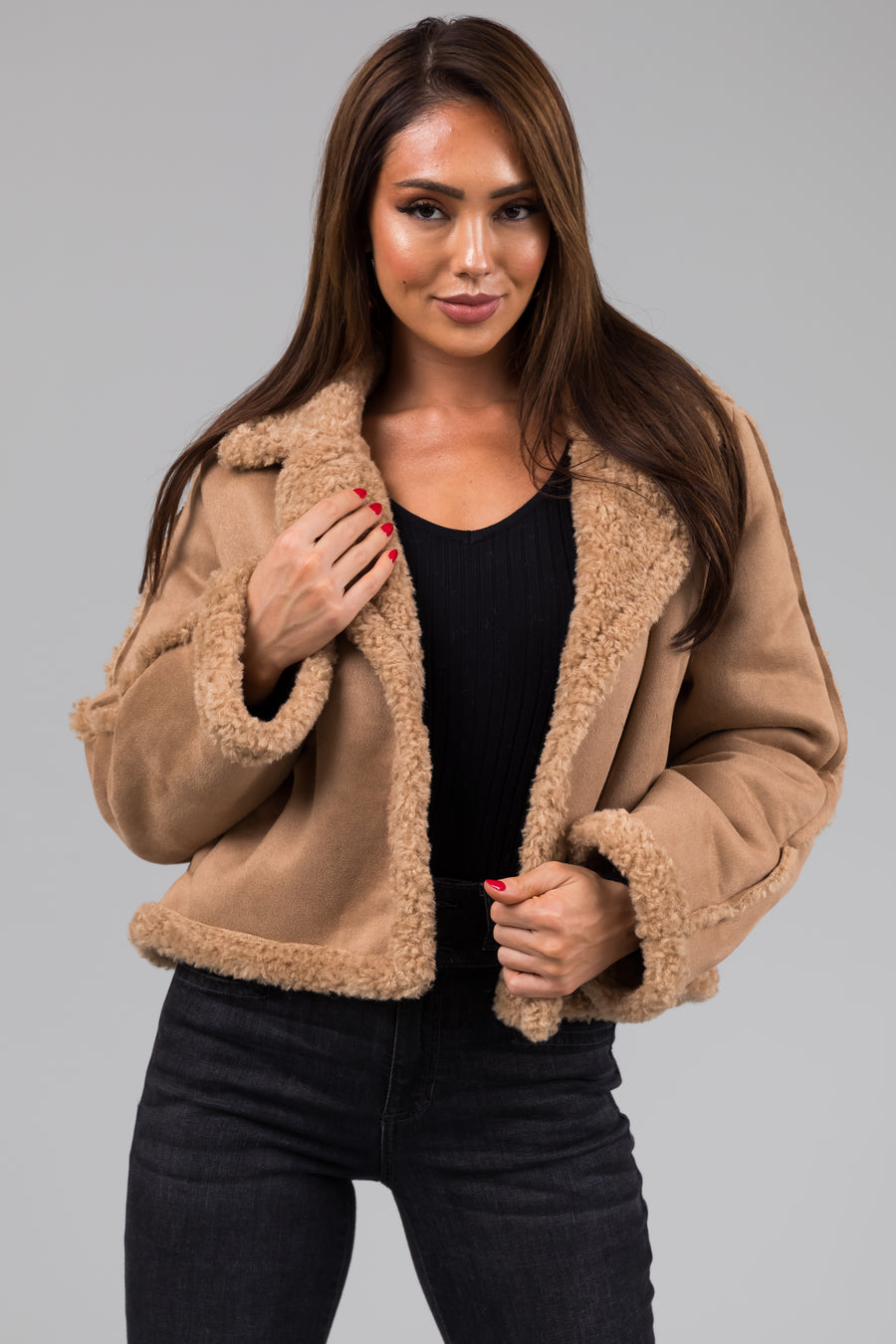 Camel Suede and Faux Fur Long Sleeve Jacket