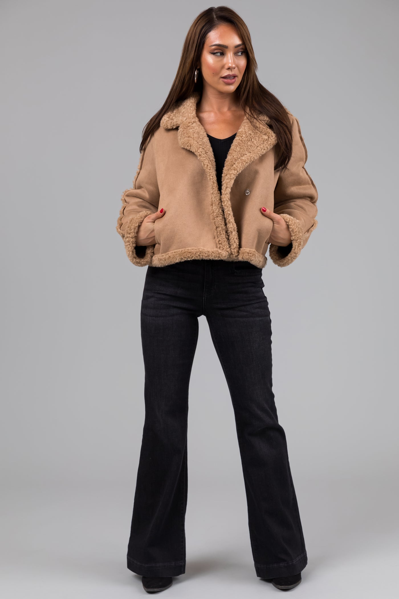 Camel Suede and Faux Fur Long Sleeve Jacket