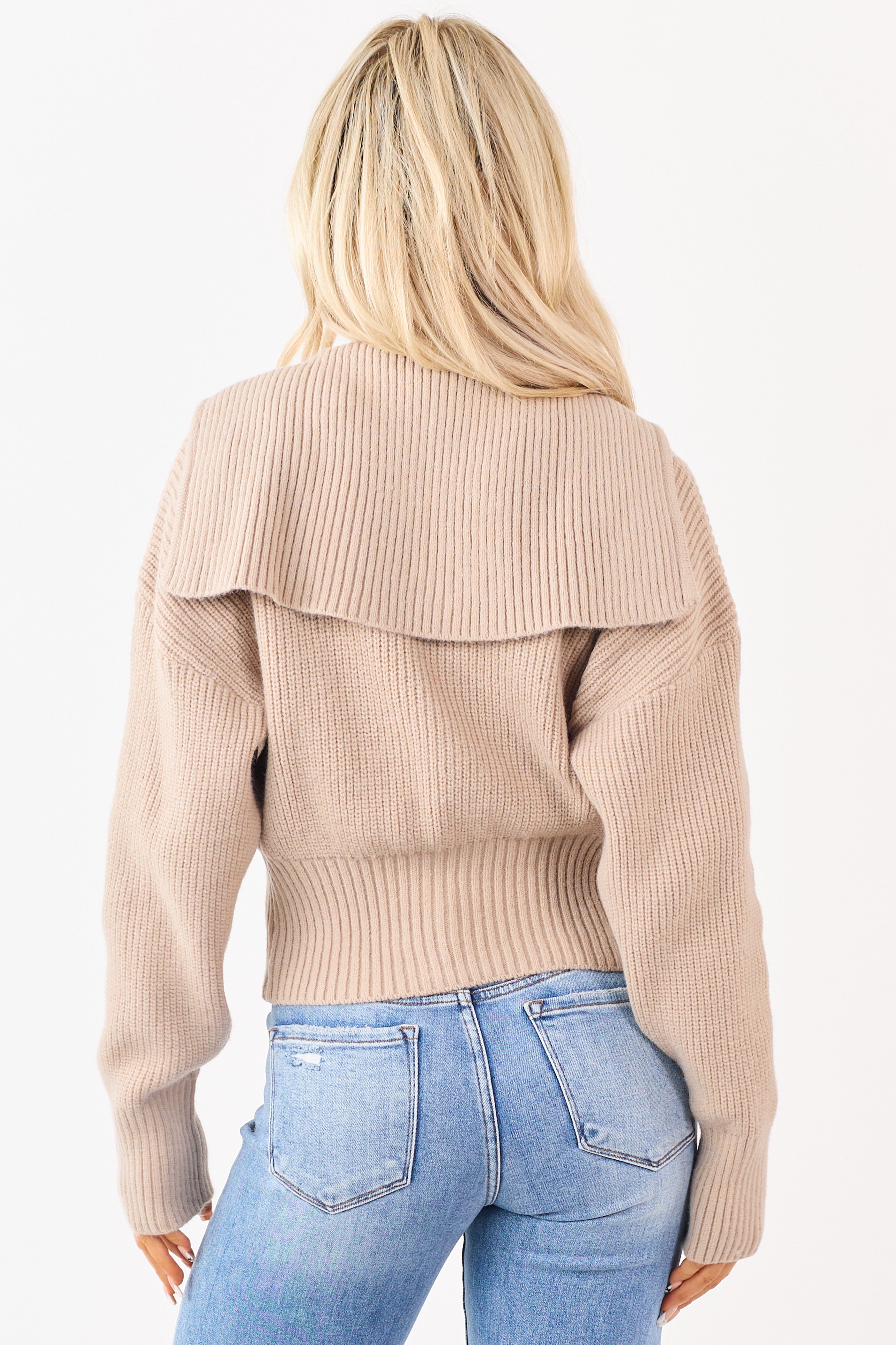 Camel Two-Way Zipper Knit Sweater Jacket