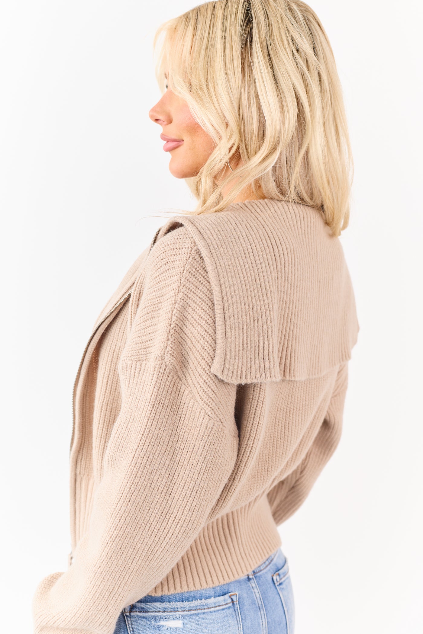 Camel Two-Way Zipper Knit Sweater Jacket