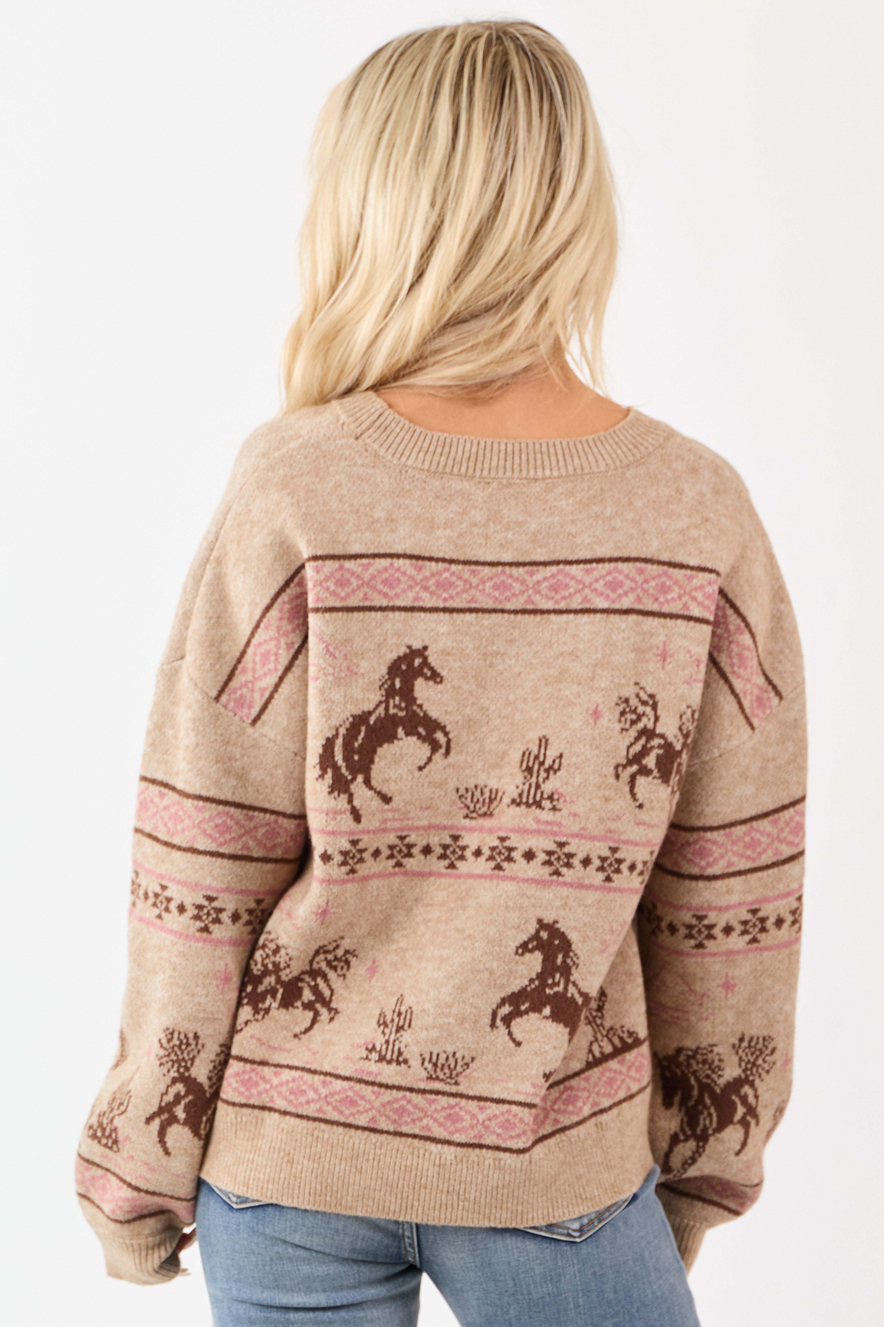 Camel Western Print Crew Neck Knit Sweater