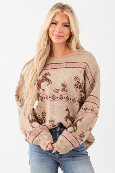 Camel Western Print Crew Neck Knit Sweater